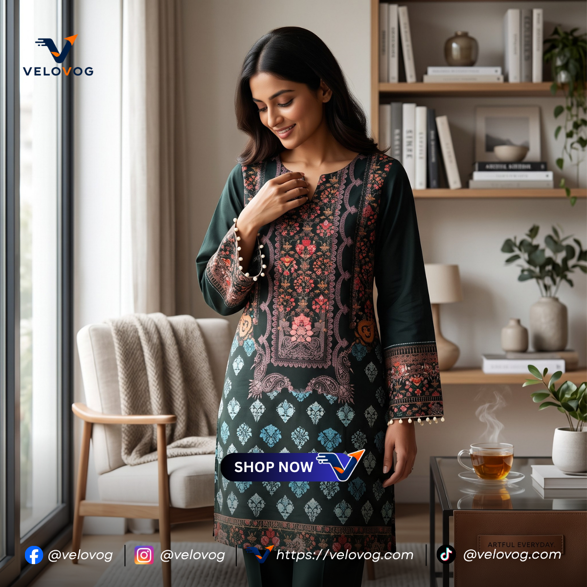 Elegant Black & Turquoise Printed 3-Piece Suit. রেডিমেড_img_11