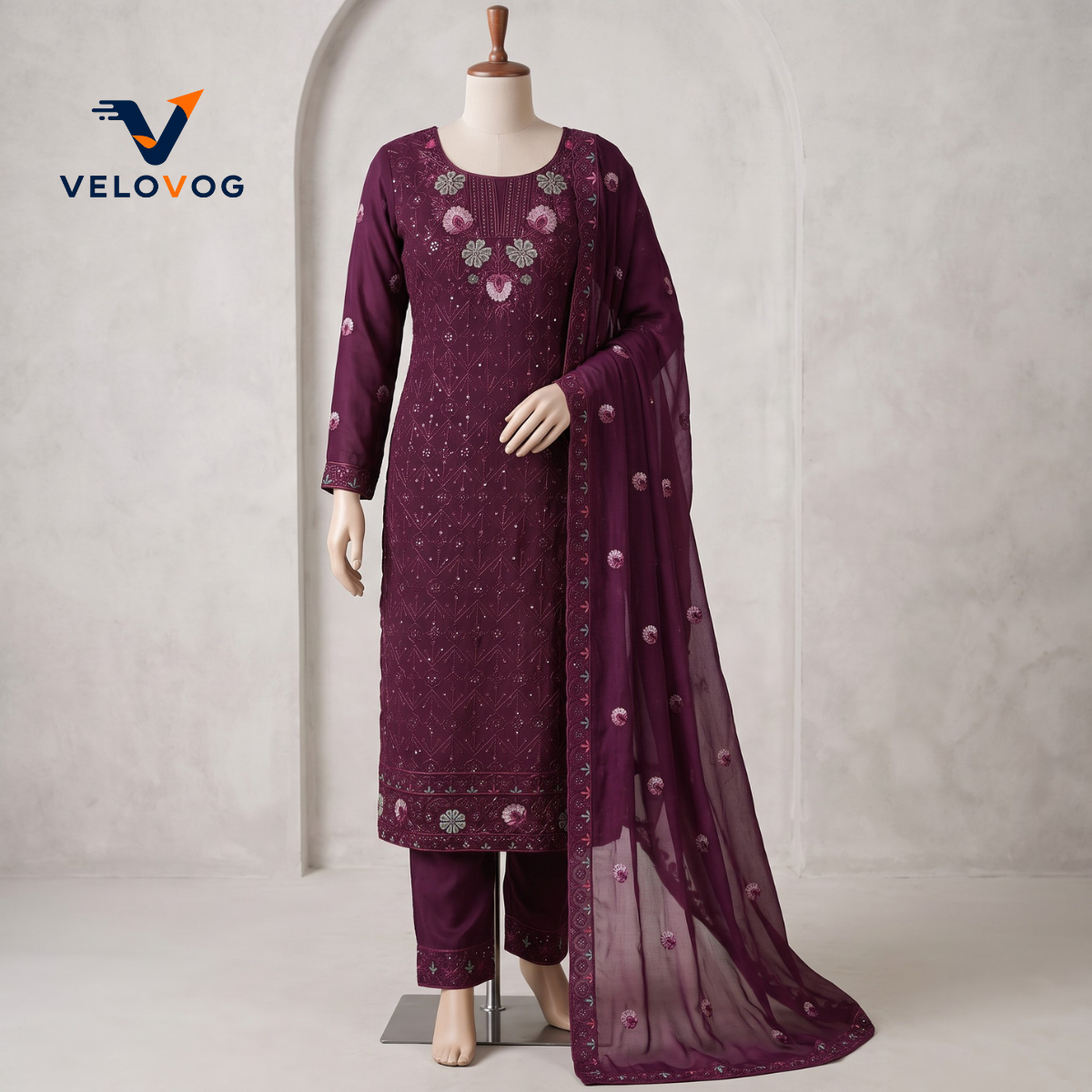 Black Blue Georgette Embroidered Four Piece | VELOVOG