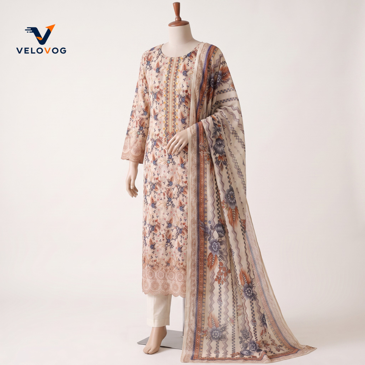 Pure Cotton Embroidered Three-Piece – Ghee Beige | VELOVOG