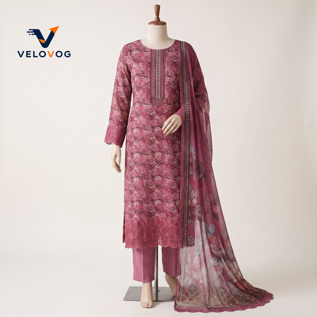 Pure Cotton Chicken Kari & Thread Embroidery Three-Piece | VELOVOG_img_2