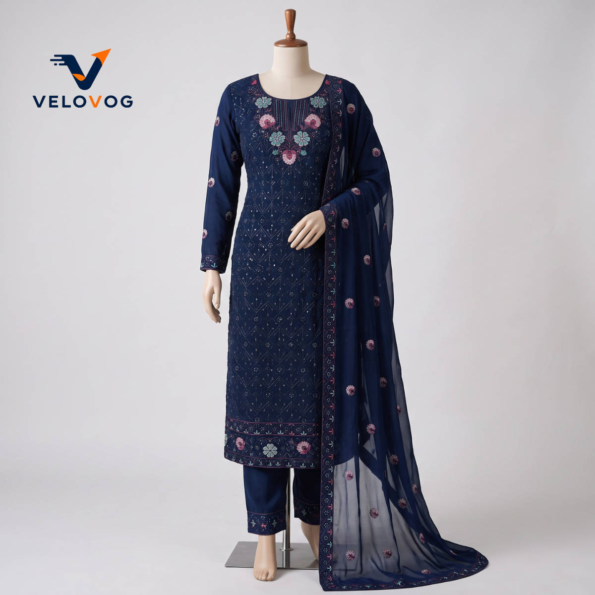 Black Blue Georgette Embroidered Four Piece | VELOVOG_img_1