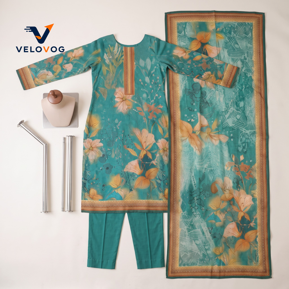 Pure Cotton Sequin & Thread Embroidery Three-Piece – Turquoise | VELOVOG_img_3