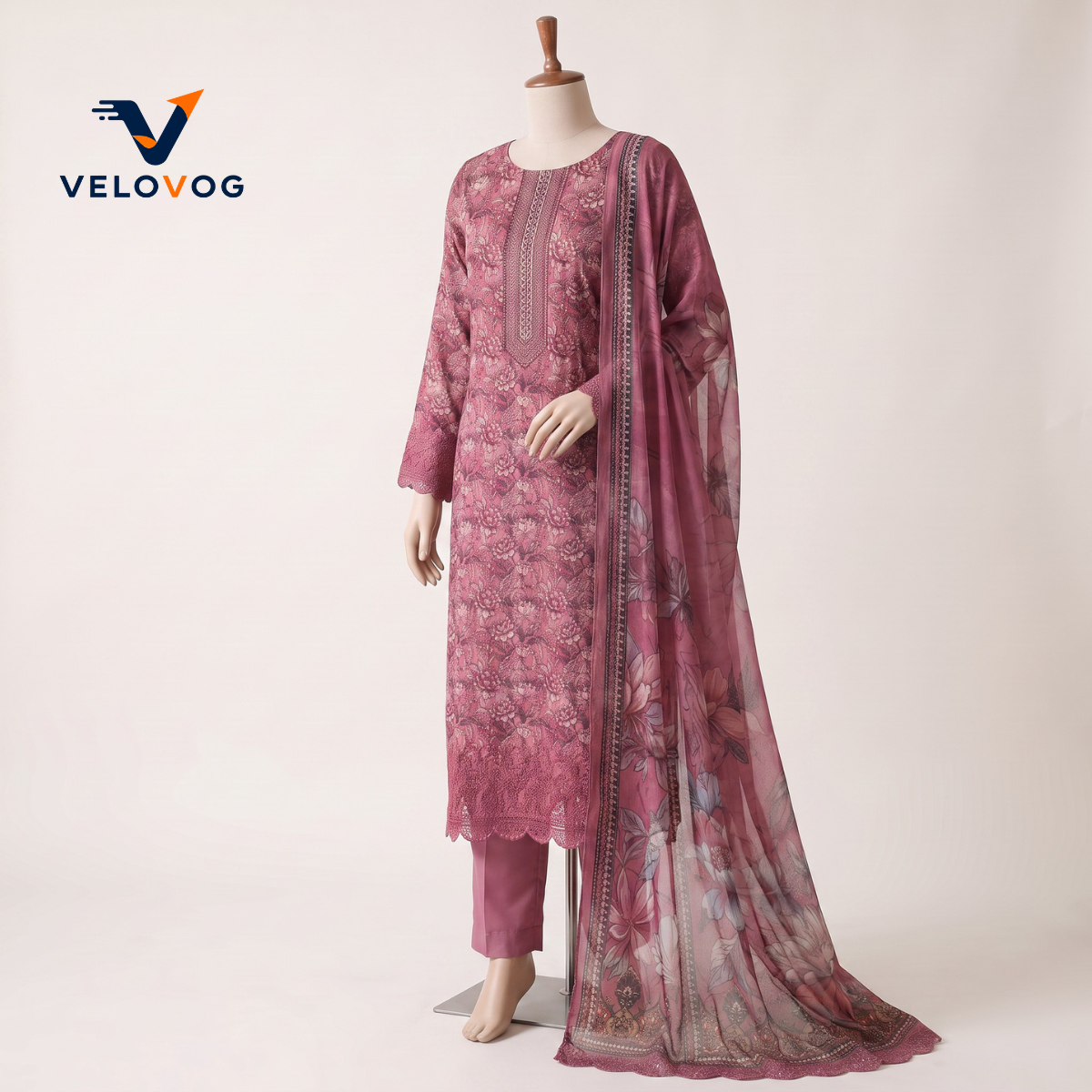 Pure Cotton Chicken Kari & Thread Embroidery Three-Piece | VELOVOG_img_3