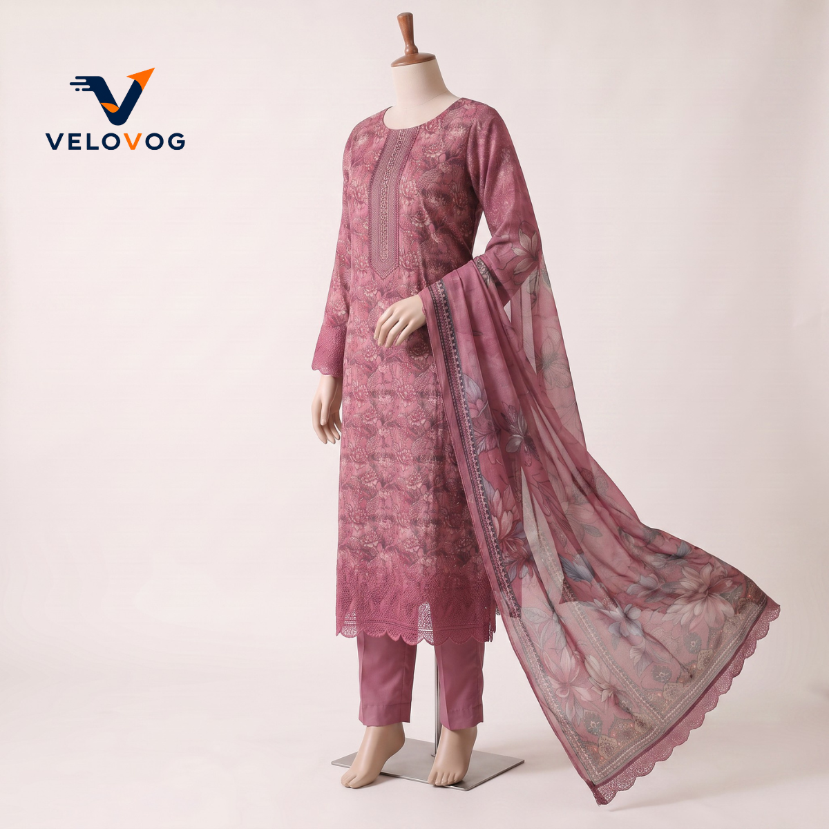 Pure Cotton Chicken Kari & Thread Embroidery Three-Piece | VELOVOG_img_1