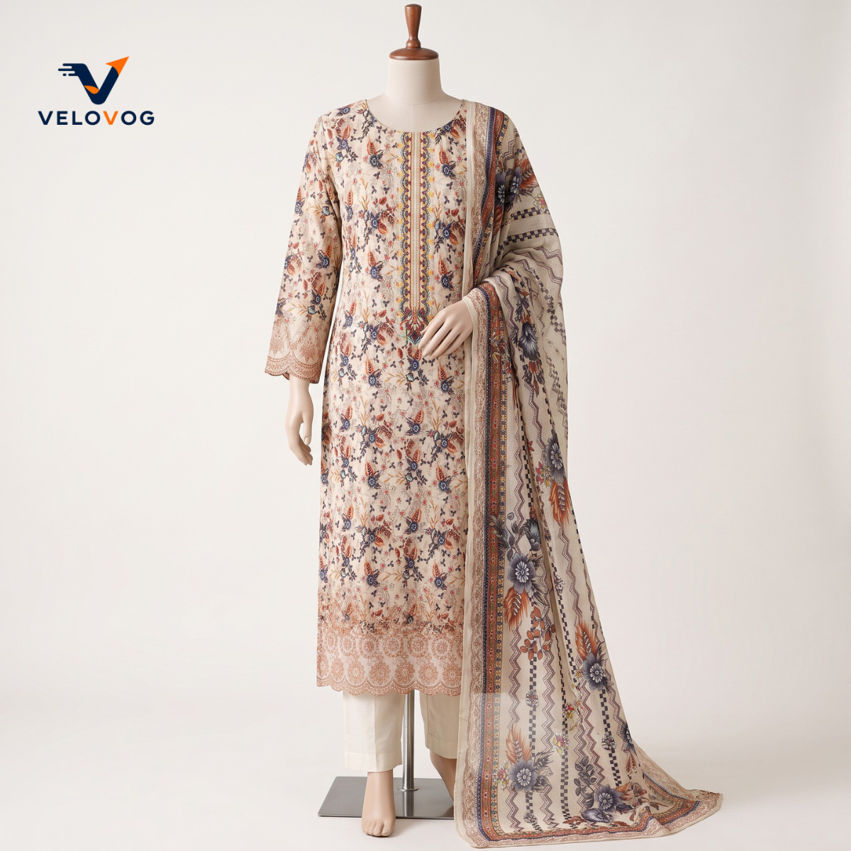 Pure Cotton Embroidered Three-Piece – Ghee Beige | VELOVOG_img_1