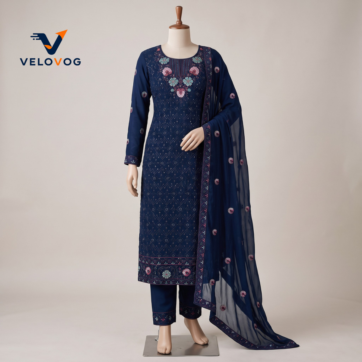 Black Blue Georgette Embroidered Four Piece | VELOVOG_img_3