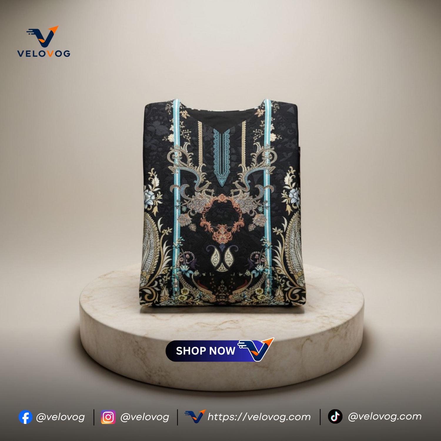 Elegant Black & Turquoise Printed 3-Piece Suit. রেডিমেড_img_1