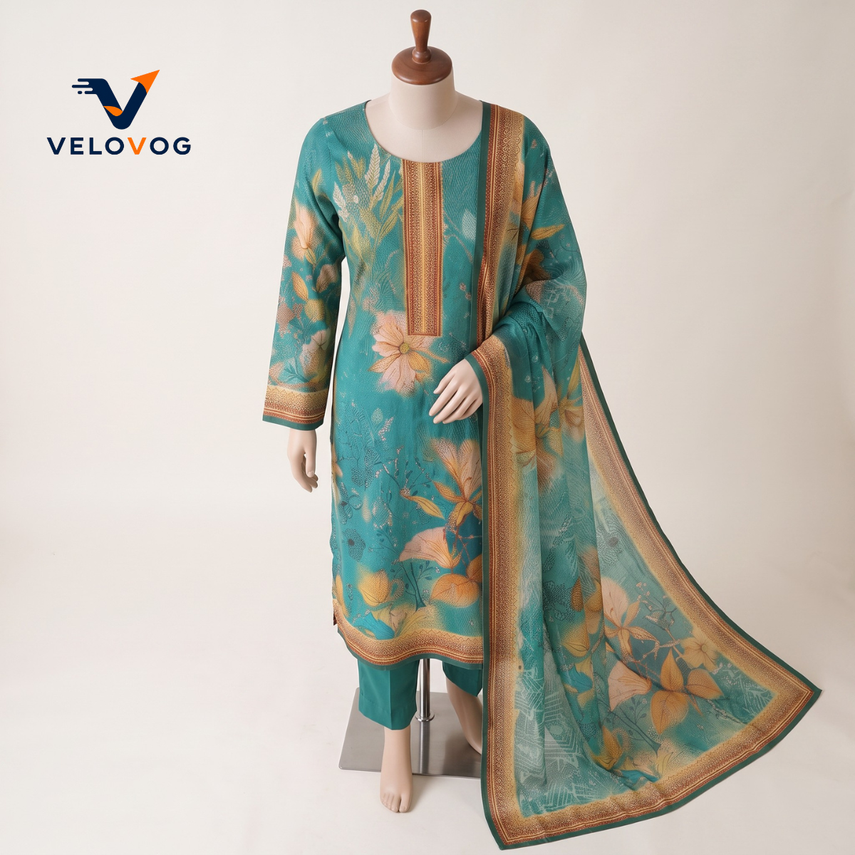 Pure Cotton Sequin & Thread Embroidery Three-Piece – Turquoise | VELOVOG_img_2