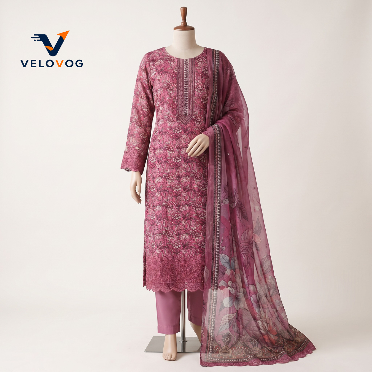 Pure Cotton Chicken Kari & Thread Embroidery Three-Piece | VELOVOG