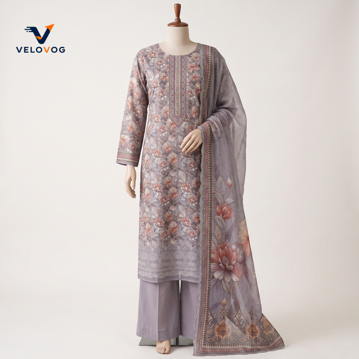 Ash Color Pure Cotton Printed Three-Piece with Embroidery & Sequin Work  |  VELOVOG