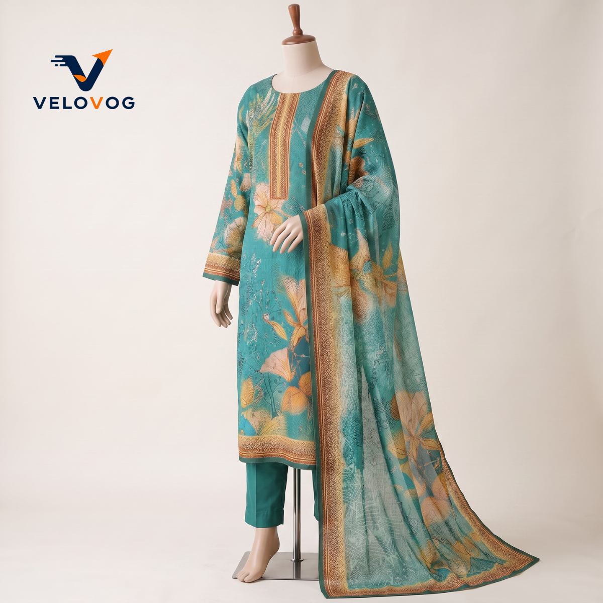 Pure Cotton Sequin & Thread Embroidery Three-Piece – Turquoise | VELOVOG_img_1