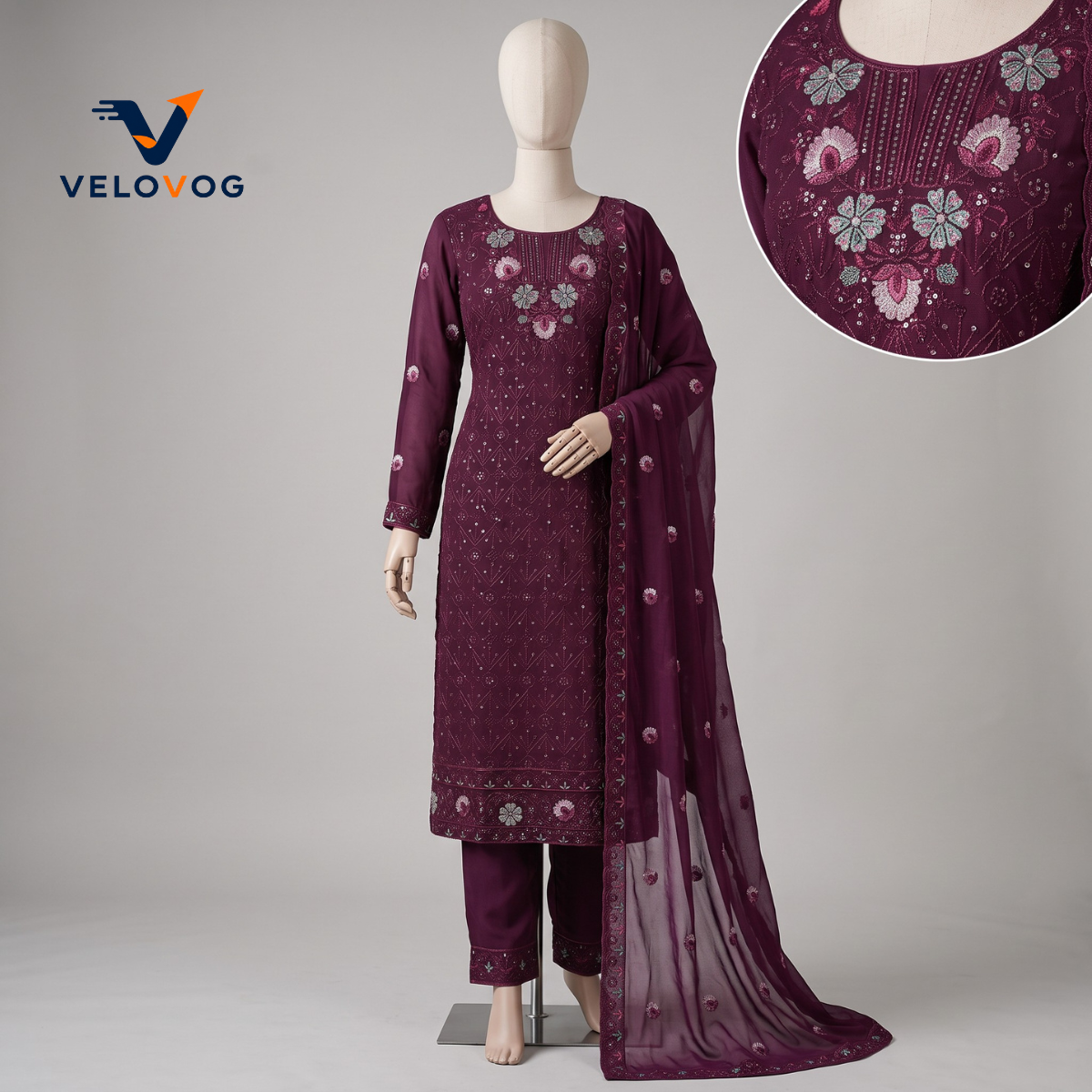 Black Blue Georgette Embroidered Four Piece | VELOVOG_img_2