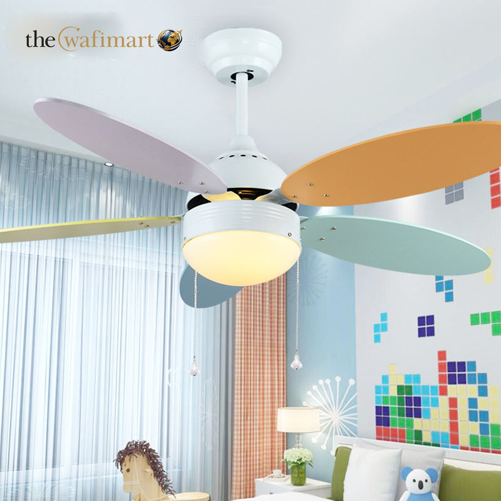 42 Inch Children Living Room Wood Blades Low Noise Cute Eye Protect LED Ceiling Fan With Light