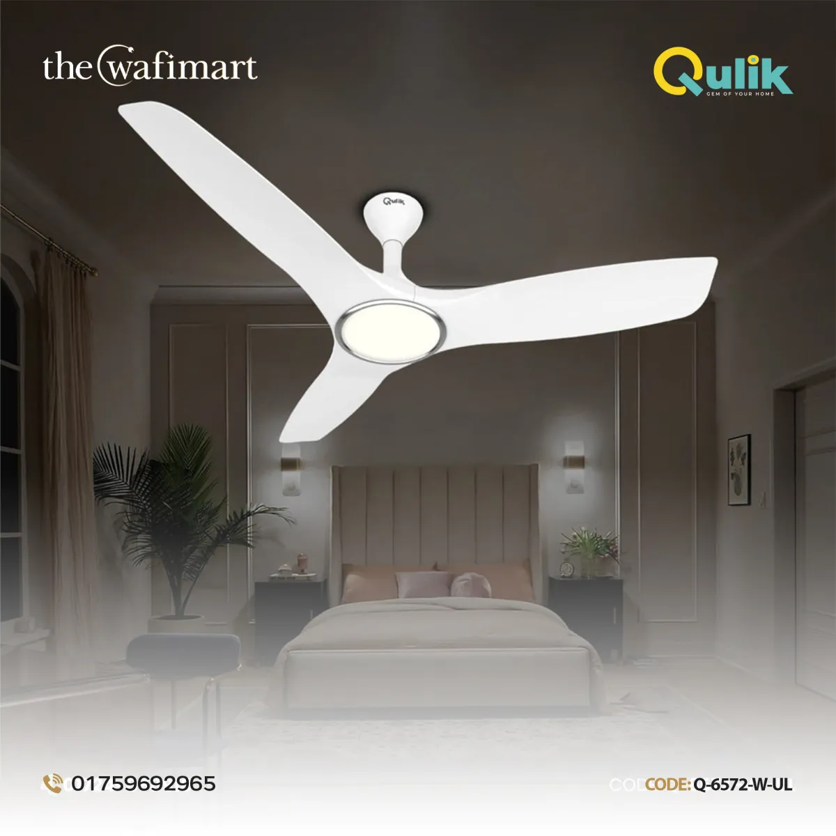 Qulik Aerovane UL 52" Modern Decorative Silent ABS Blade Remote Under Light Ceiling Fan (White) Q-6572-W-UL