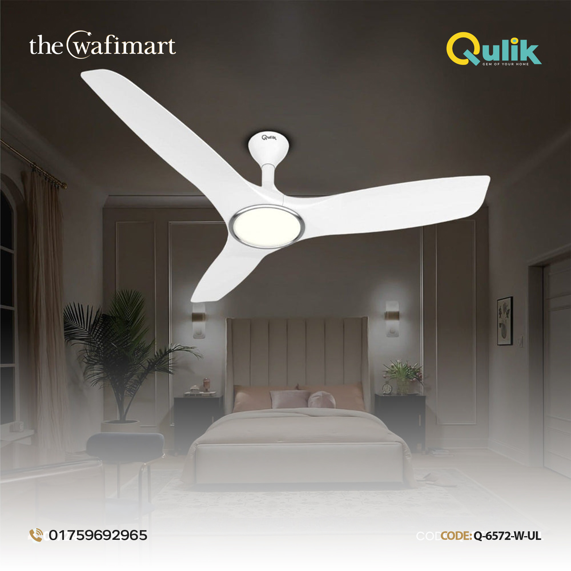 Qulik Aerovane UL 52" Modern Decorative Silent ABS Blade Remote Under Light Ceiling Fan (White) Q-6572-W-UL