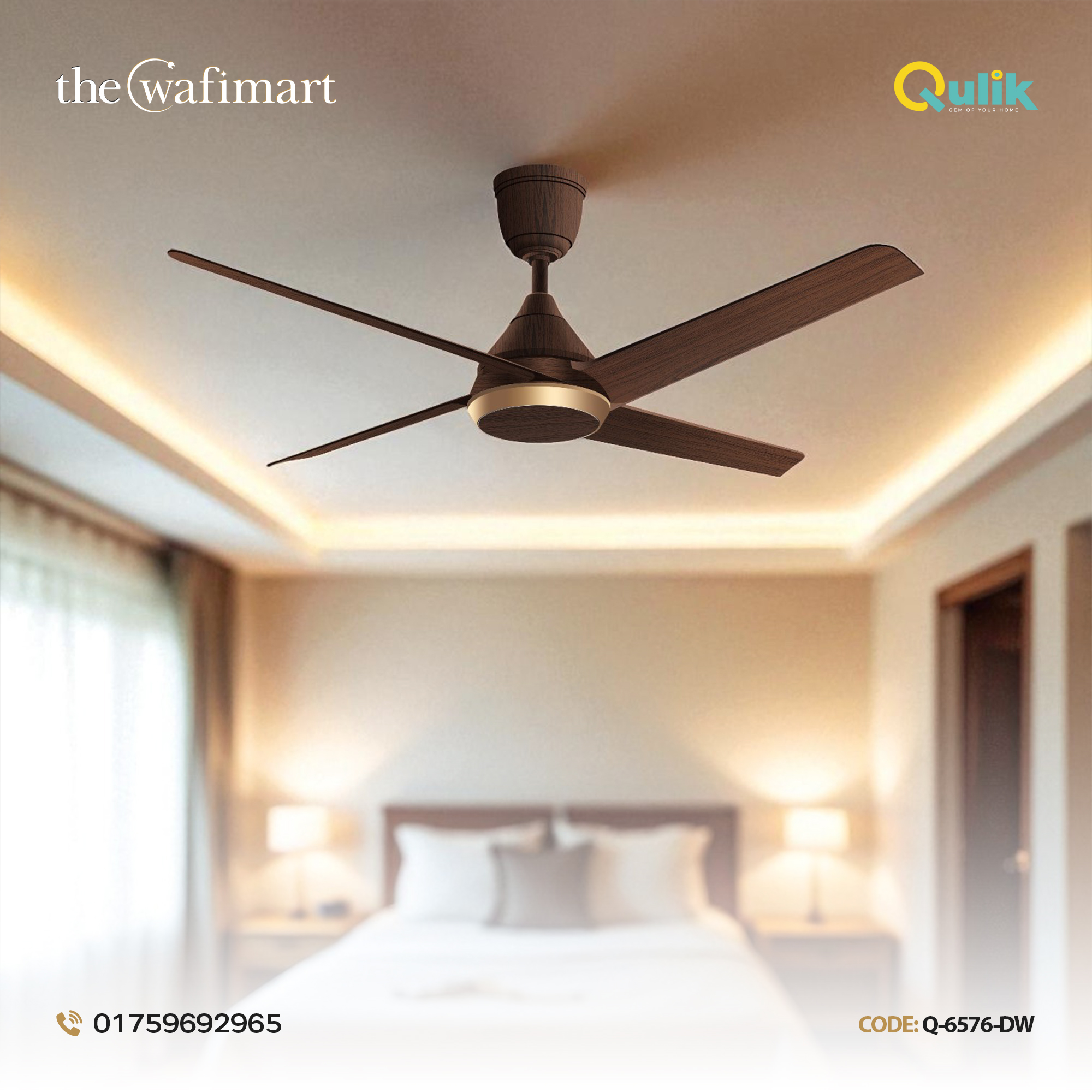 Qulik Alpha Edge 4B 53"- Decorative Energy Saving BLDC Remote Control Ceiling Fan (Dark Wood) | Q-6576-DW