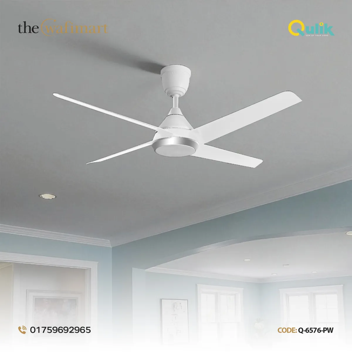 Qulik Alpha Edge 4B 53"- Decorative Energy Saving BLDC Remote Control Ceiling Fan (Parle White) | Q-6576-PW