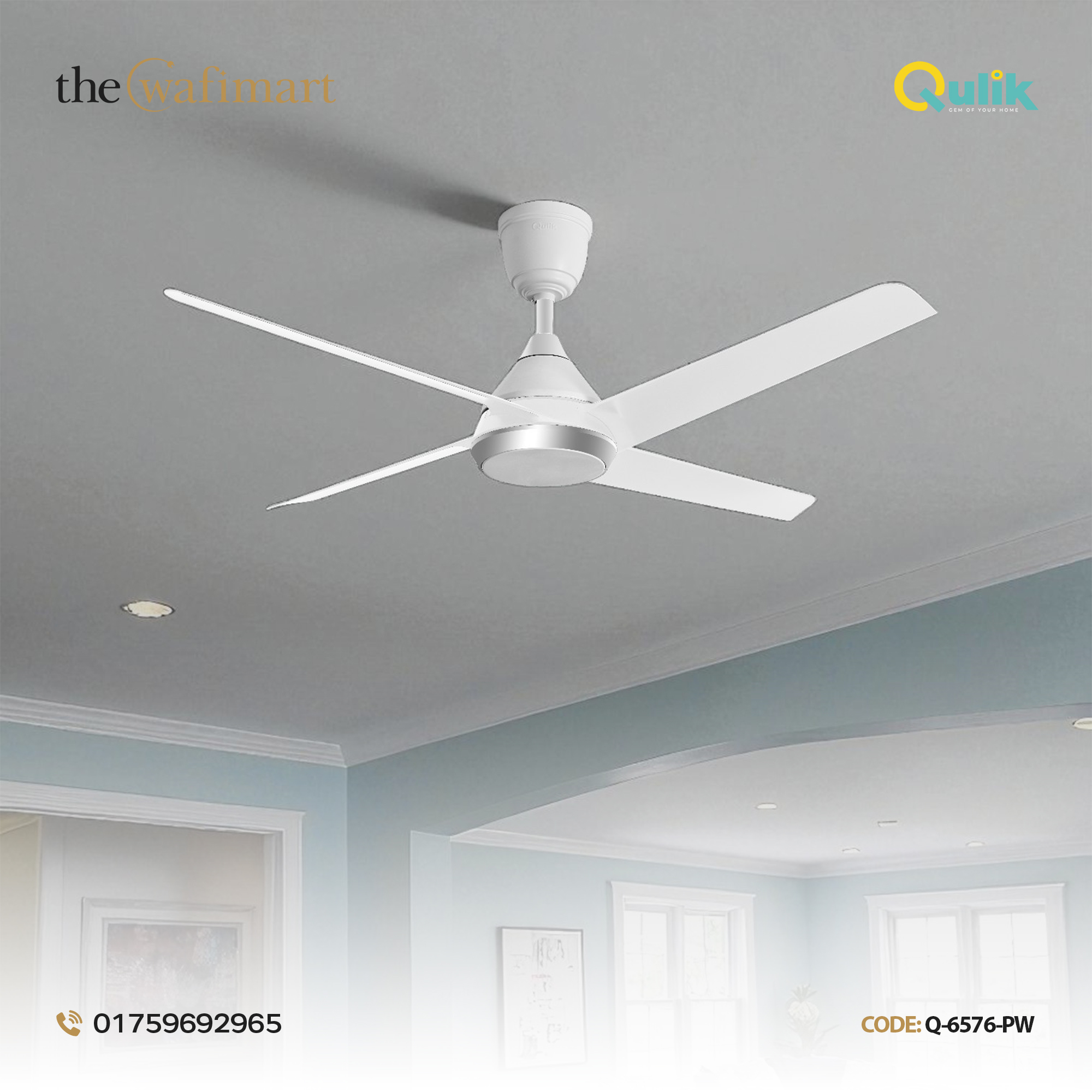 Qulik Alpha Edge 4B 53"- Decorative Energy Saving BLDC Remote Control Ceiling Fan (Parle White) | Q-6576-PW