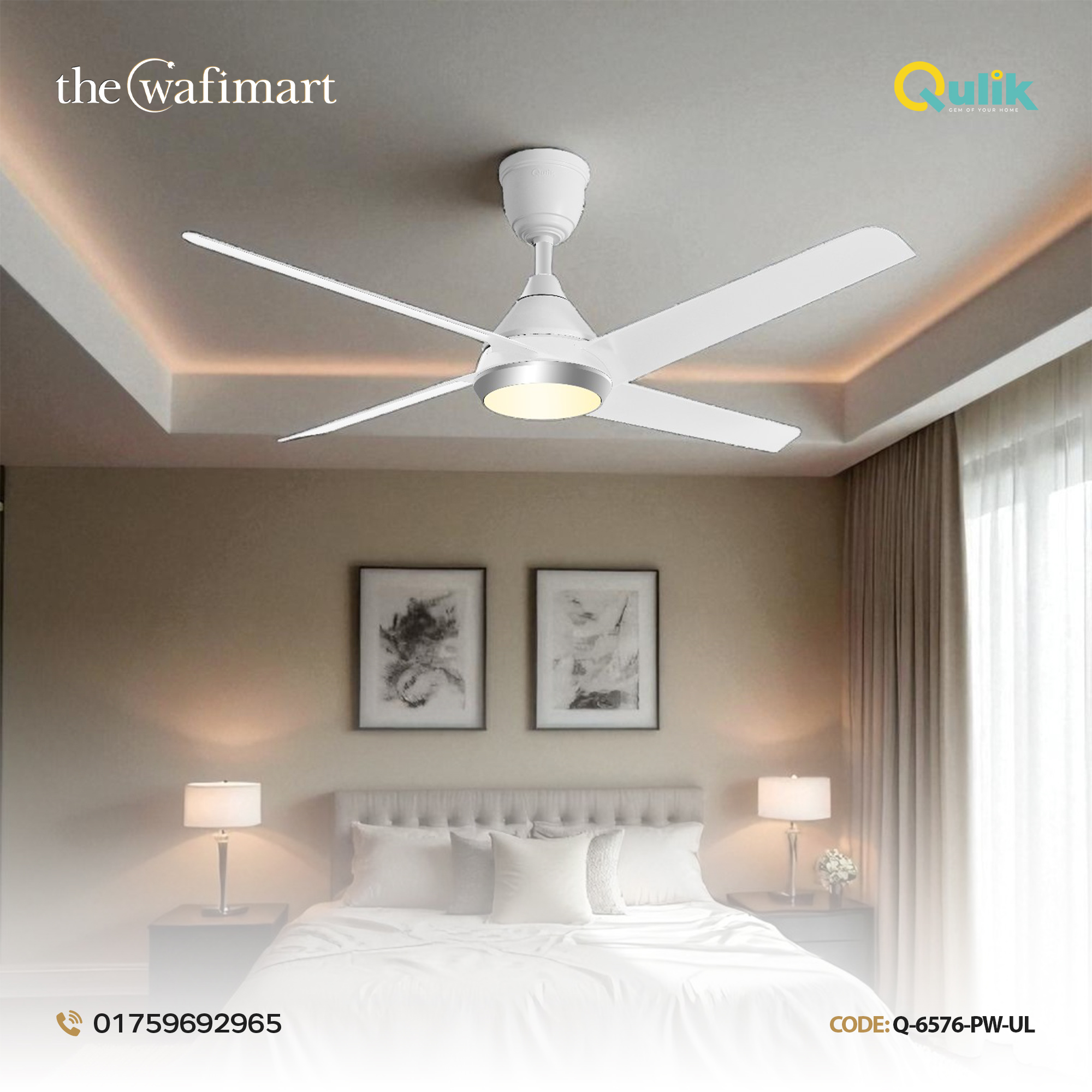 Qulik Alpha Edge 5B 53"- Decorative Energy Saving BLDC Remote Control Ceiling Fan (Parle White) | Q-6577-PW-UL