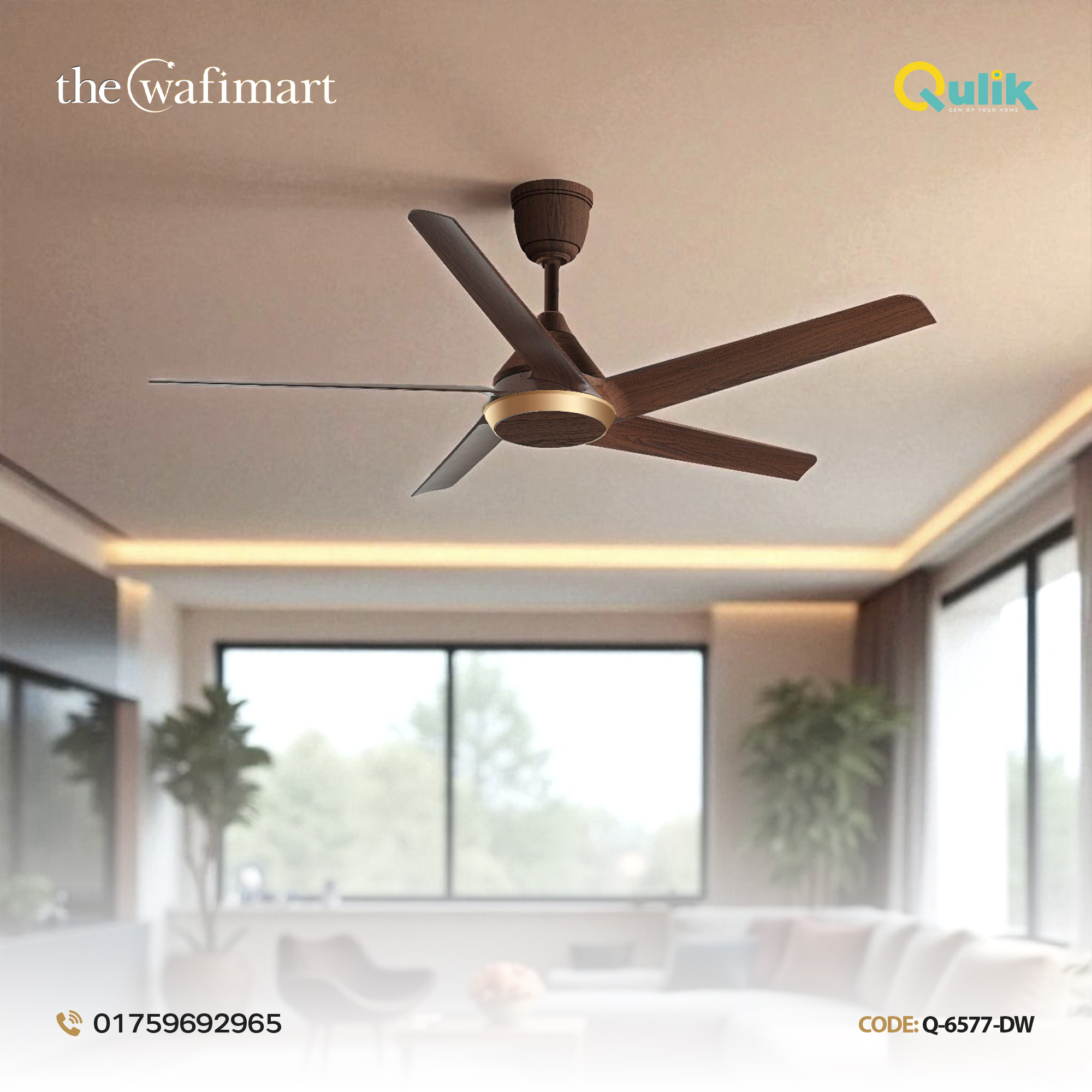 Qulik Alpha Edge 5B 53"- Decorative Energy Saving BLDC Remote Control Ceiling Fan (Dark Wood) | Q-6577-DW