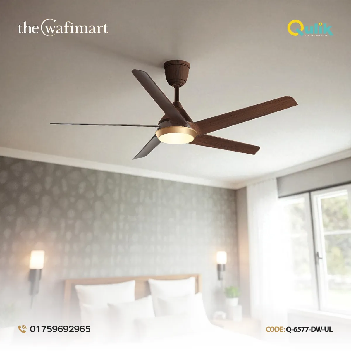 Qulik Alpha Edge 5B 53"- Decorative Energy Saving BLDC Remote Control Ceiling Fan (Dark Wood) | Q-6576-DW-UL