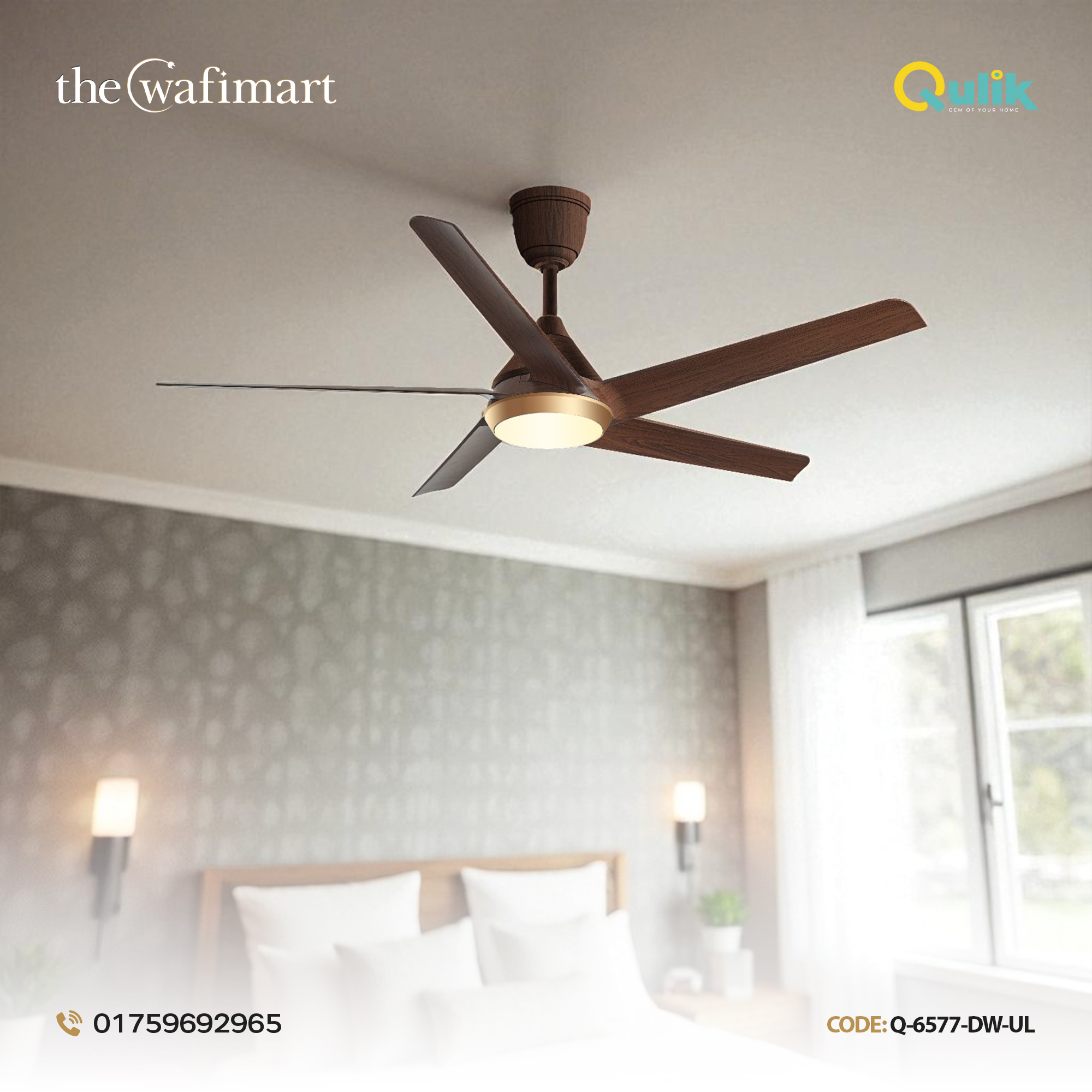 Qulik Alpha Edge 5B 53"- Decorative Energy Saving BLDC Remote Control Ceiling Fan (Dark Wood) | Q-6576-DW-UL