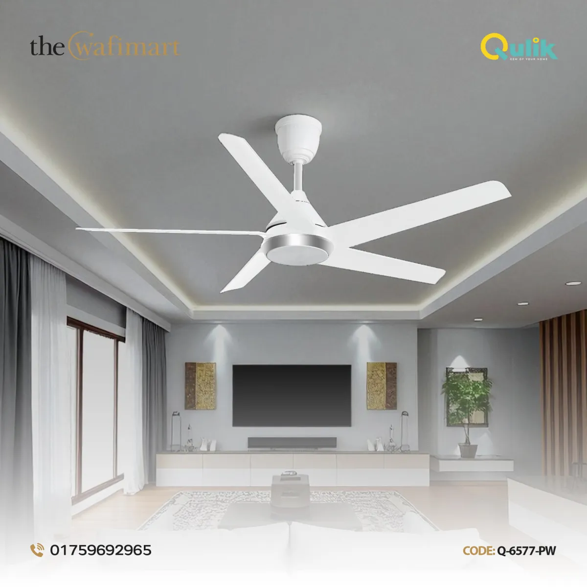 Qulik Alpha Edge 5B 53"- Decorative Energy Saving BLDC Remote Control Ceiling Fan (Parle White) | Q-6577-PW