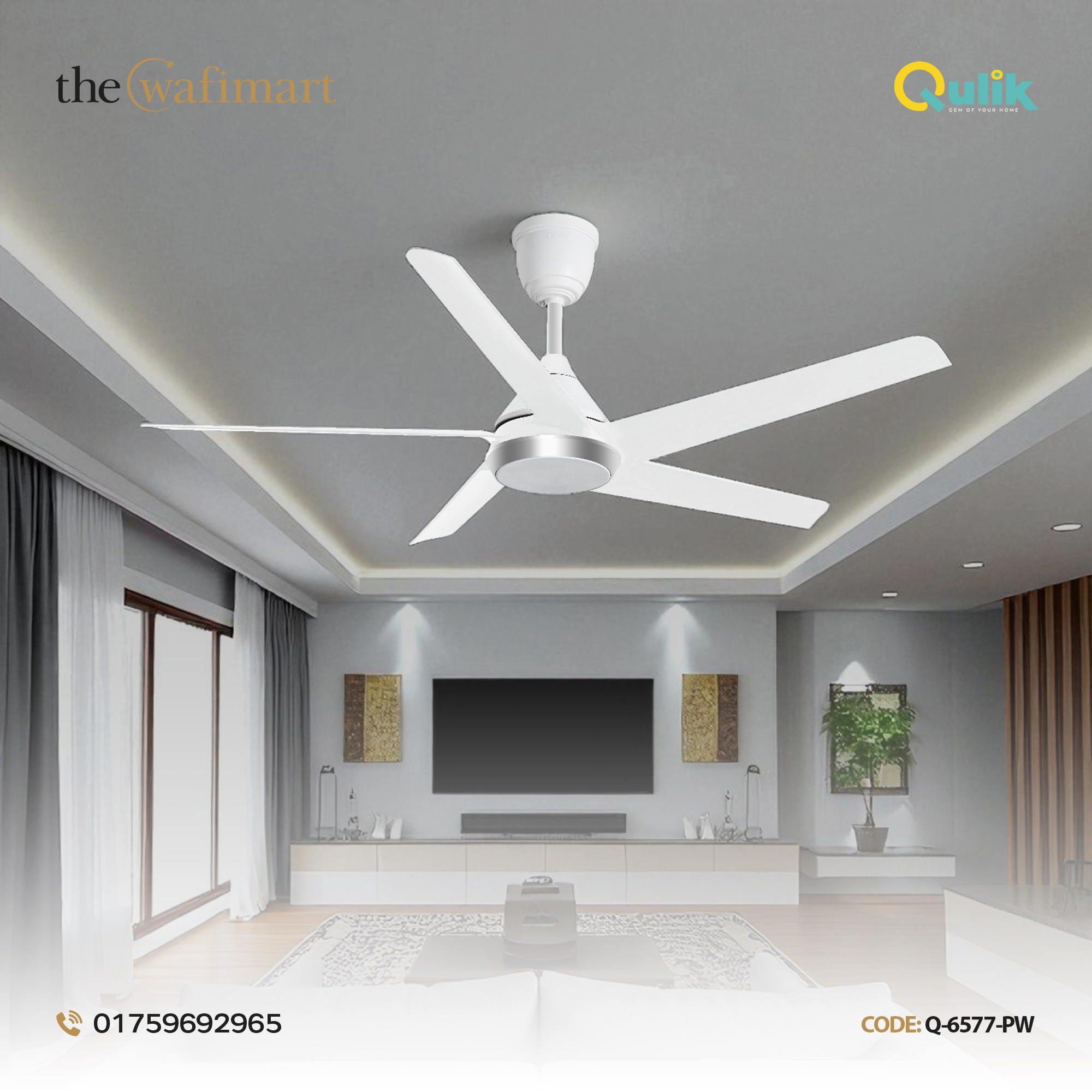 Qulik Alpha Edge 5B 53"- Decorative Energy Saving BLDC Remote Control Ceiling Fan (Parle White) | Q-6577-PW