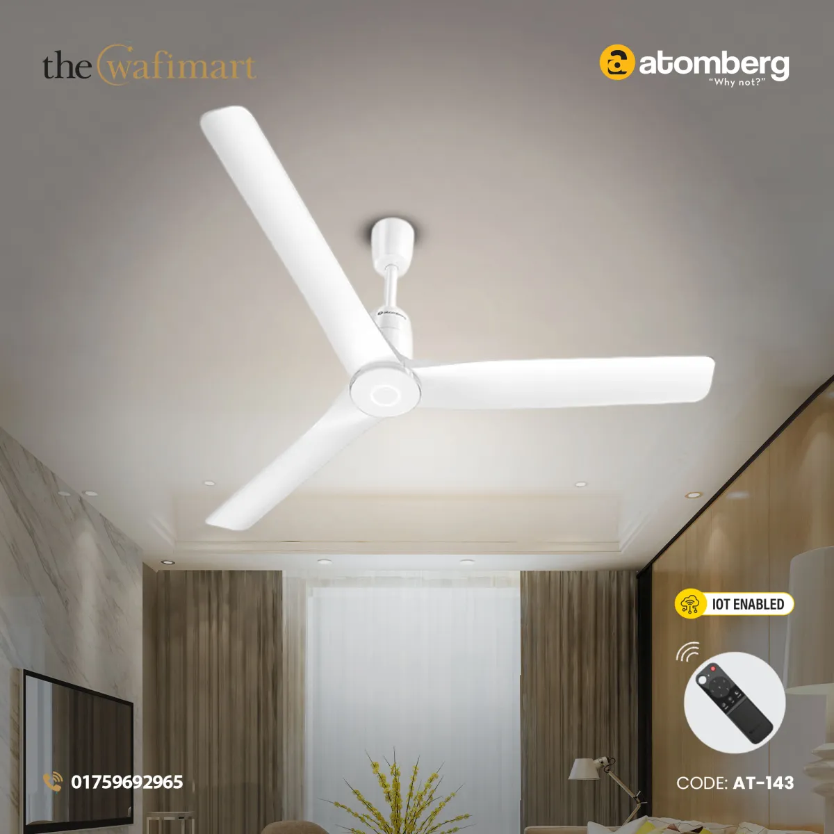Atomberg Aris Contour Smart 48" BLDC Ceiling Fan (Marble White) | AT-143
