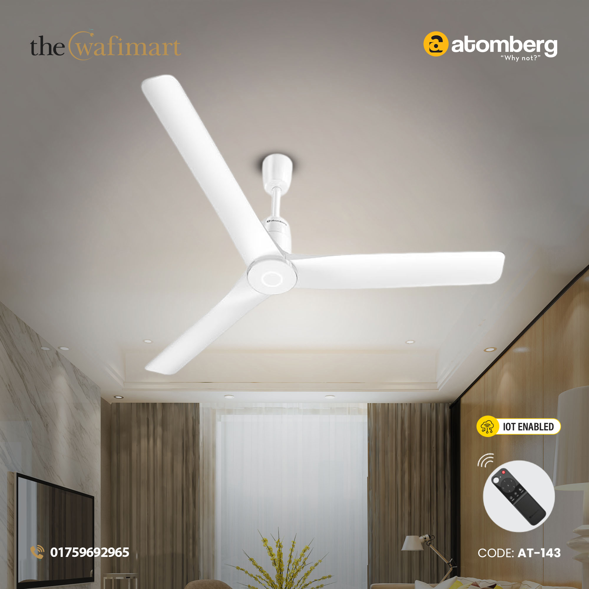 Atomberg Aris Contour Smart 48" BLDC Ceiling Fan (Marble White) | AT-143