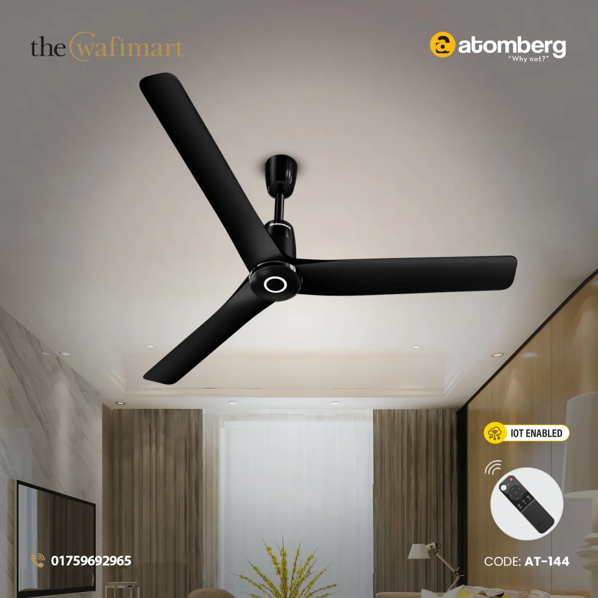 Atomberg Aris Contour Smart 48" BLDC Ceiling Fan (Midnight Black) | AT-144