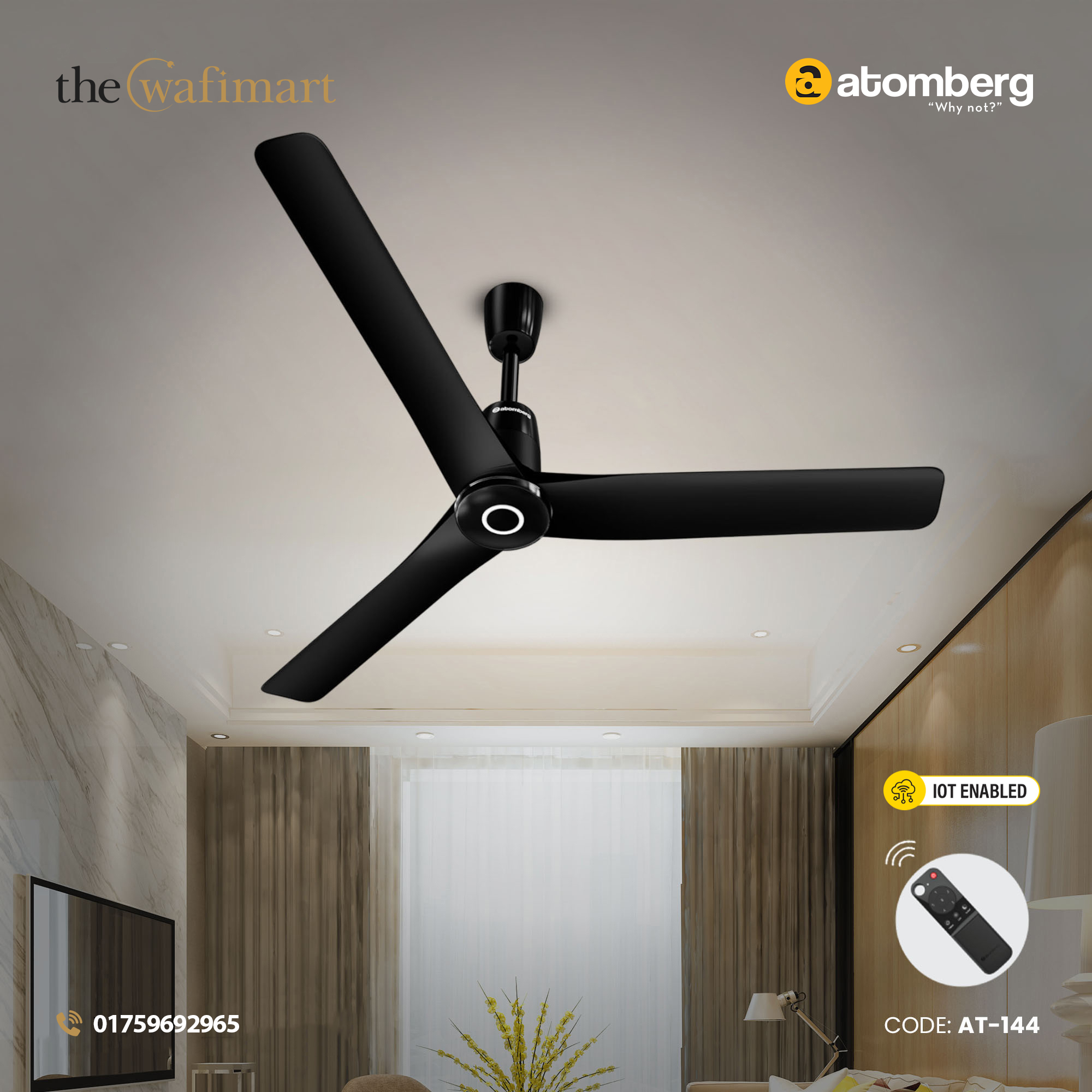 Atomberg Aris Contour Smart 48" BLDC Ceiling Fan (Midnight Black) | AT-144