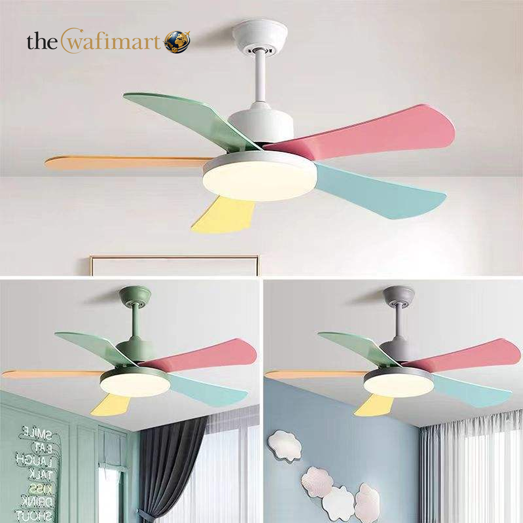 Children's Room 42 Inch Muti-color Appearance Colorful Wood Ceiling Fan Pendant Light With Remote Control_img_1