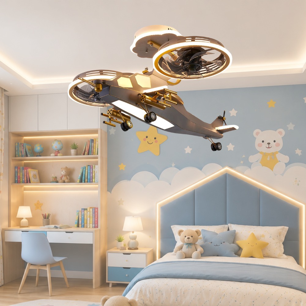 Nordic LED Simple Cartoon Aircraft Chandelier Children's Fan Lamp Creative Boys and Girls Bedroom Ceiling Fan Pendant Light_img_0