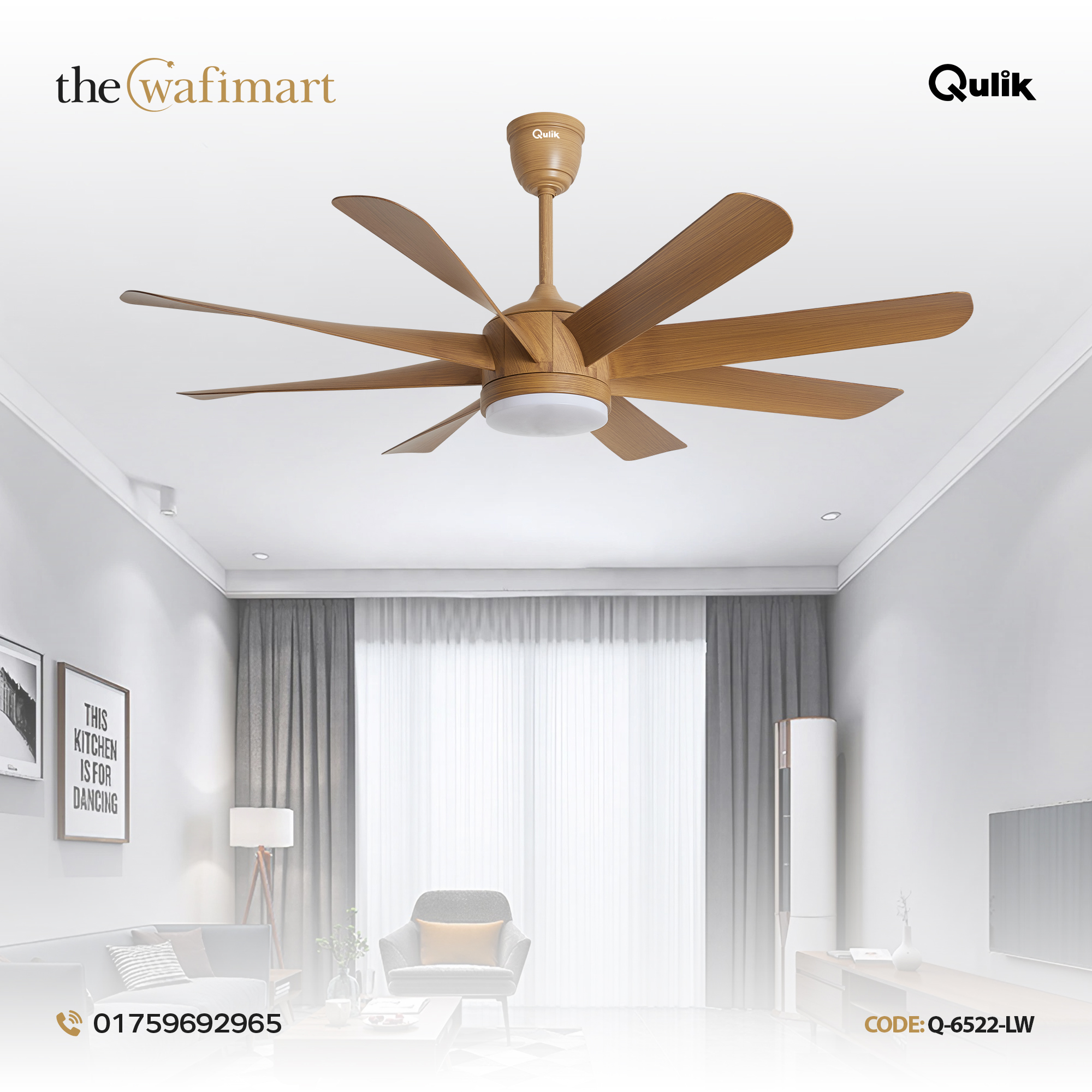 Qulik Helix UL 60"- Modern Decorative Silent ABS Blade Under light with Remote Ceiling Fan (White) Q-6522-W