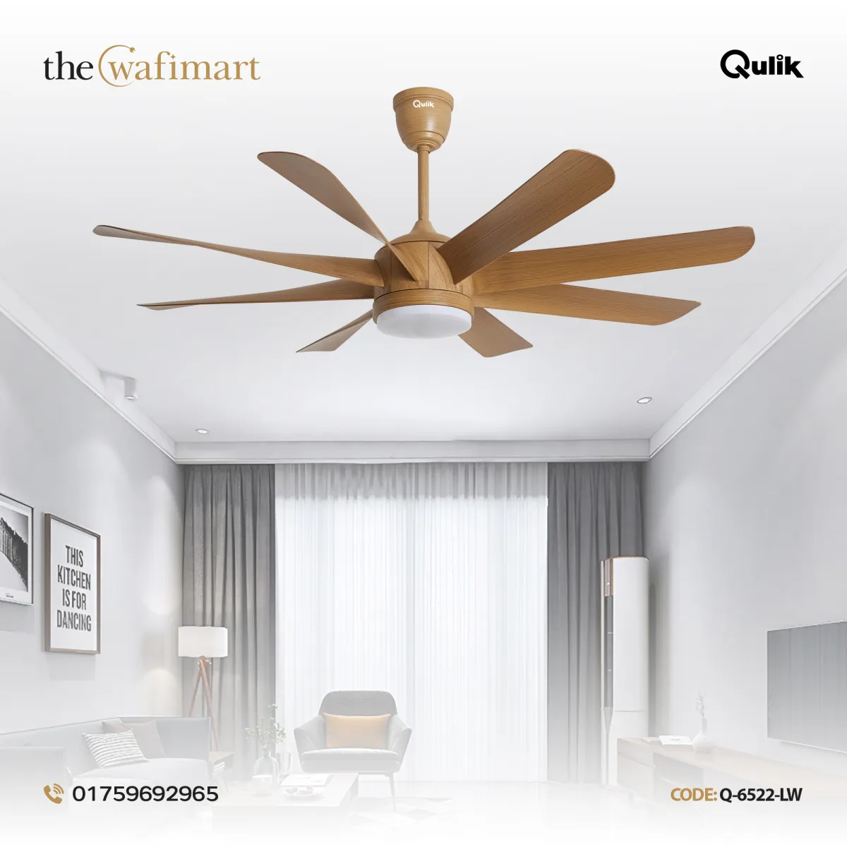 Qulik Helix UL 60"- Modern Decorative Silent ABS Blade Under light with Remote Ceiling Fan (Light Wood) Q-6522-LW
