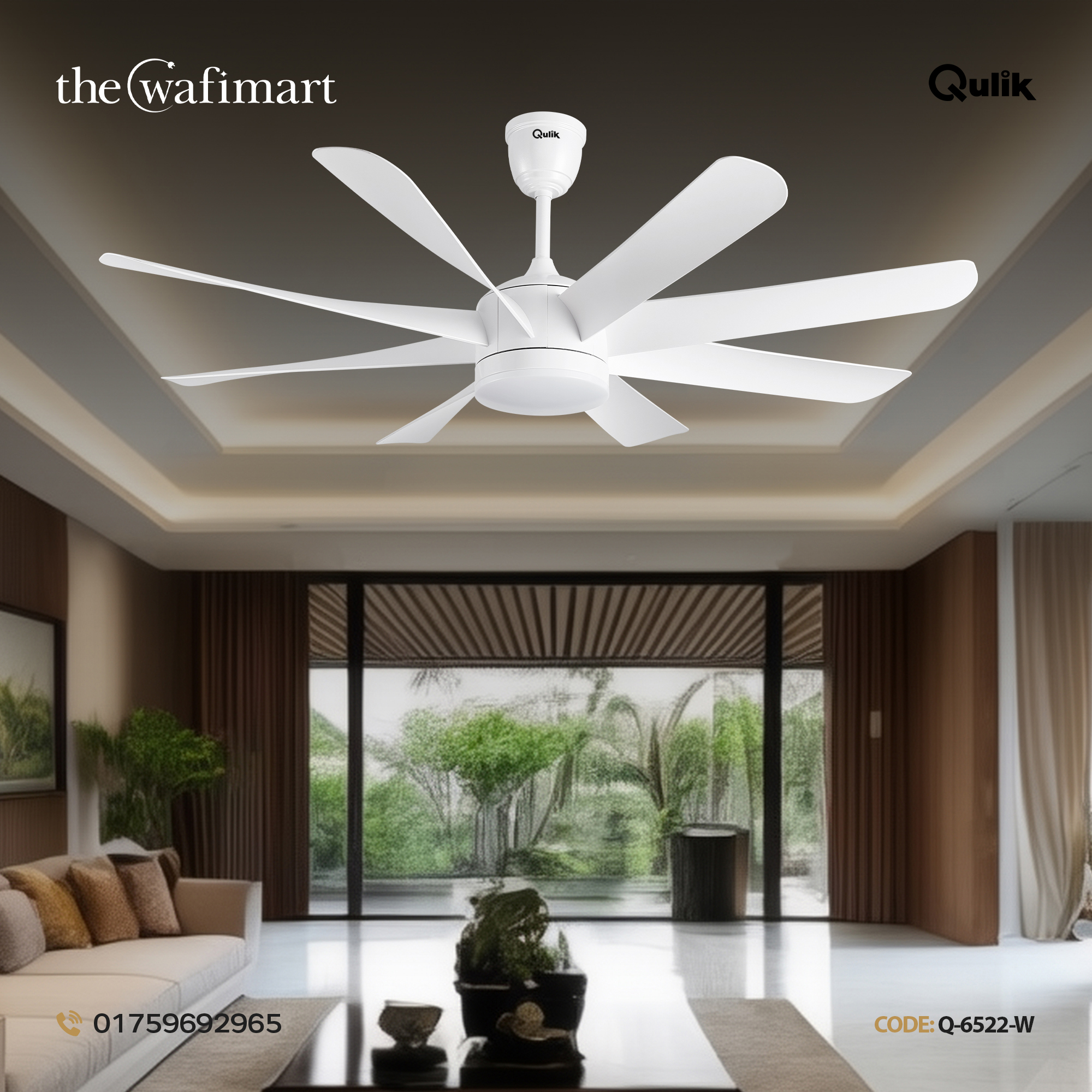 Qulik Helix UL 60"- Modern Decorative Silent ABS Blade Under light with Remote Ceiling Fan (White) Q-6522-W_img_1