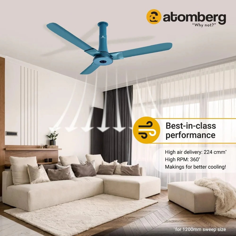Atomberg Studio+ 48" 35W BLDC motor Energy Saving Anti-Dust Speed Indicator Light Ceiling Fan with Remote Control(Aegean Blue ) AT-136_img_1