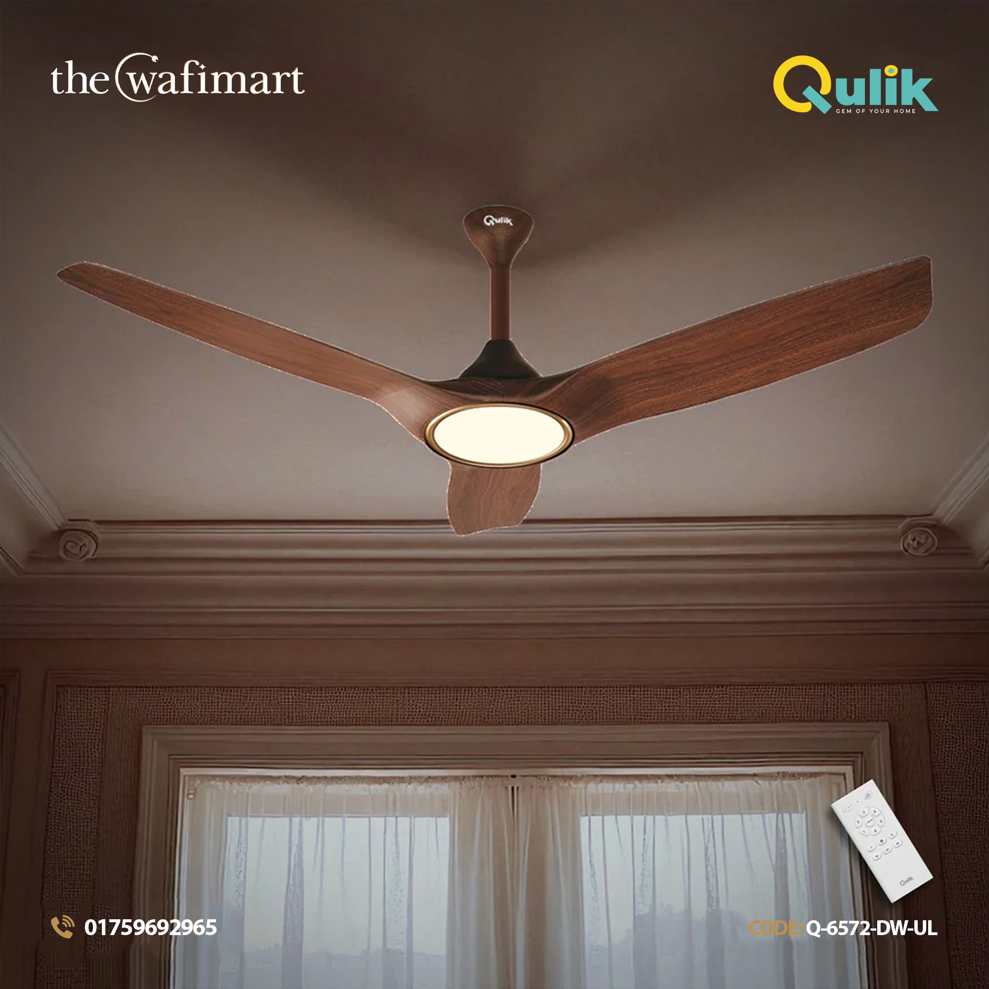 Qulik Aerovane 52" Modern Decorative Silent ABS Blade Remote Ceiling Fan (Dark Wooden) Q-6572-DW-UL_img_1