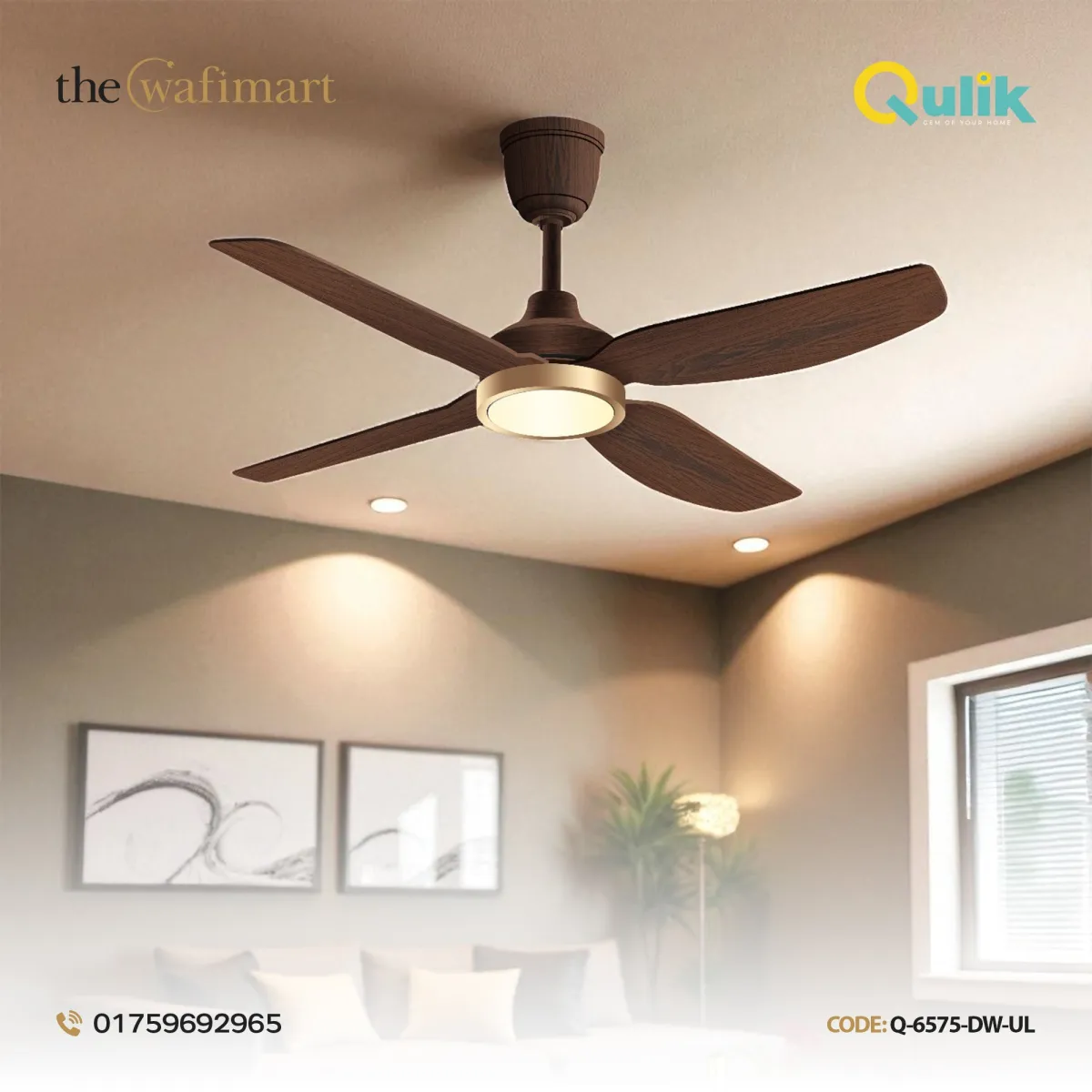 Qulik Windora 56" Decorative Energy Saving BLDC Remote Control Underlight Ceiling Fan (Dark Wood) | Q-6575-DW-UL