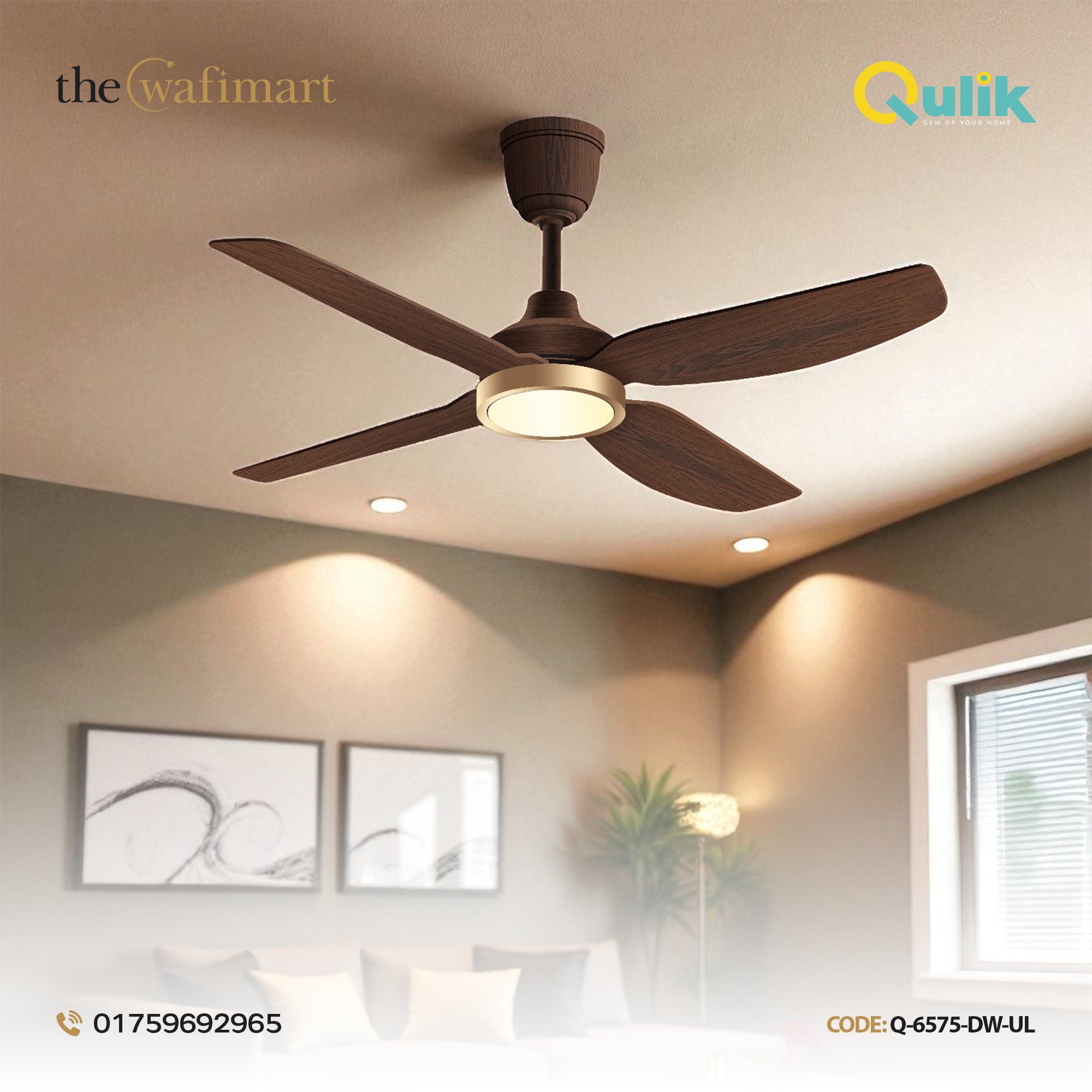 Qulik Windora 56" Decorative Energy Saving BLDC Remote Control Underlight Ceiling Fan (Dark Wood) | Q-6575-DW-UL_img_0