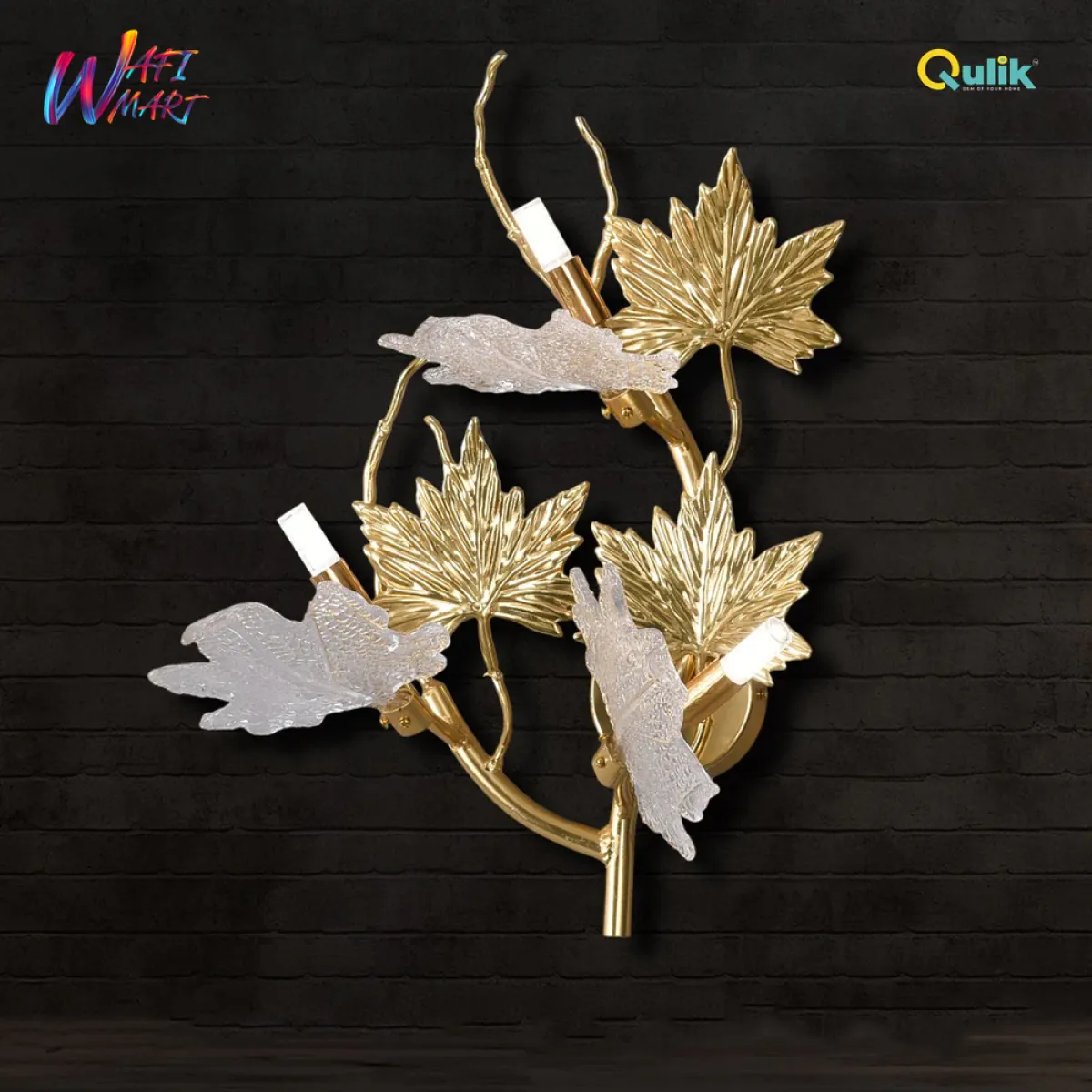 Qulik 3-lights Nordic Wall Lamp Maple Leaf Sconce Metal Aluminum Fixture Creativity Golden Finish With Glass Shade 20 Inch wall light (QL-P6046)