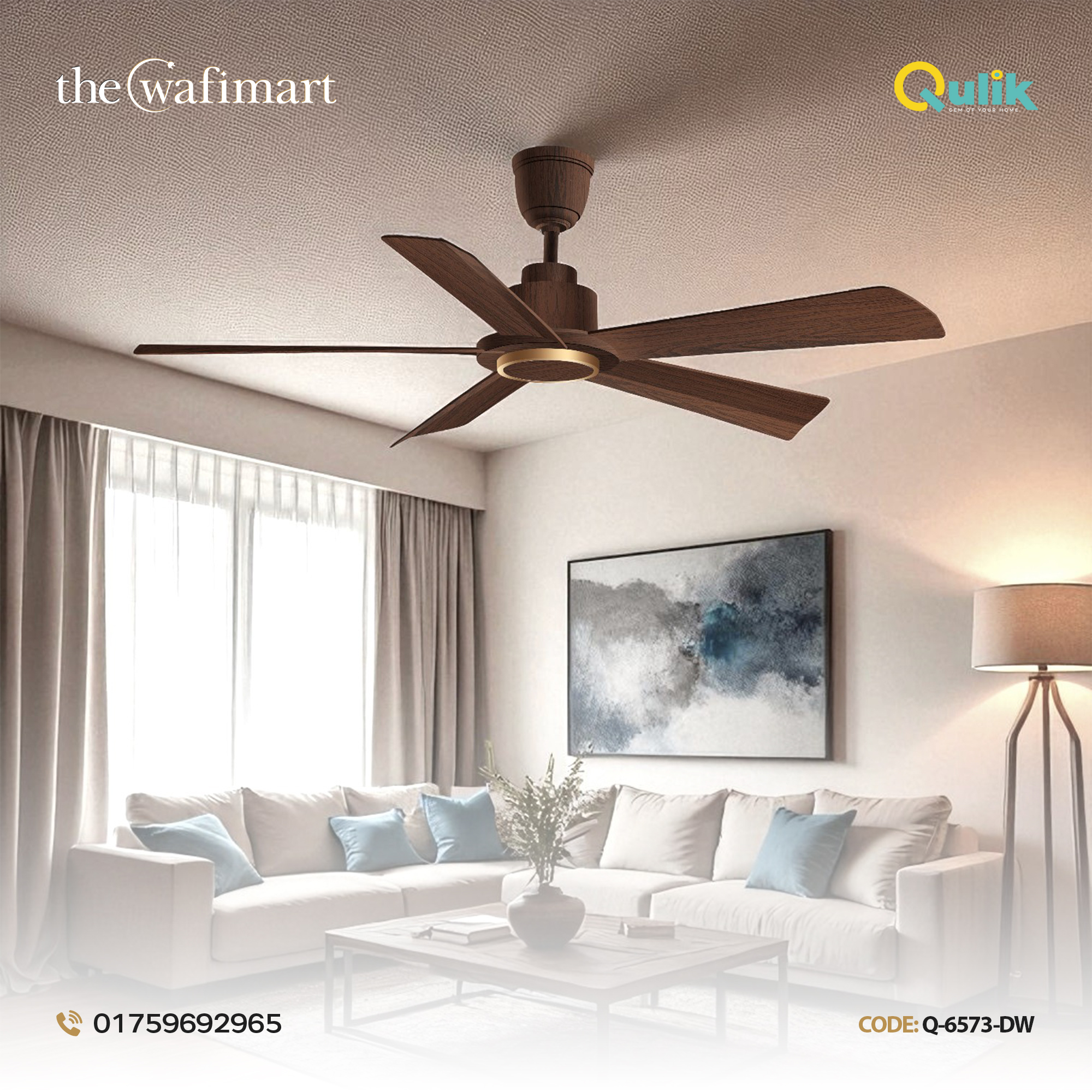 Qulik Quantom 56" Decorative Silent ABS Blade Remote Ceiling Fan (Dark wood) | Q-6573-DW