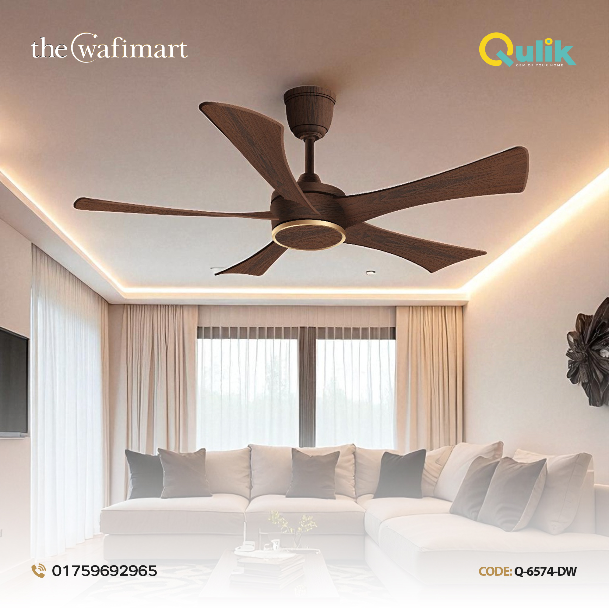 Qulik Falcon 53" Decorative Energy Saving BLDC Remote Control Ceiling Fan (Dark Wood) |Q-6574-DW-UL_img_1