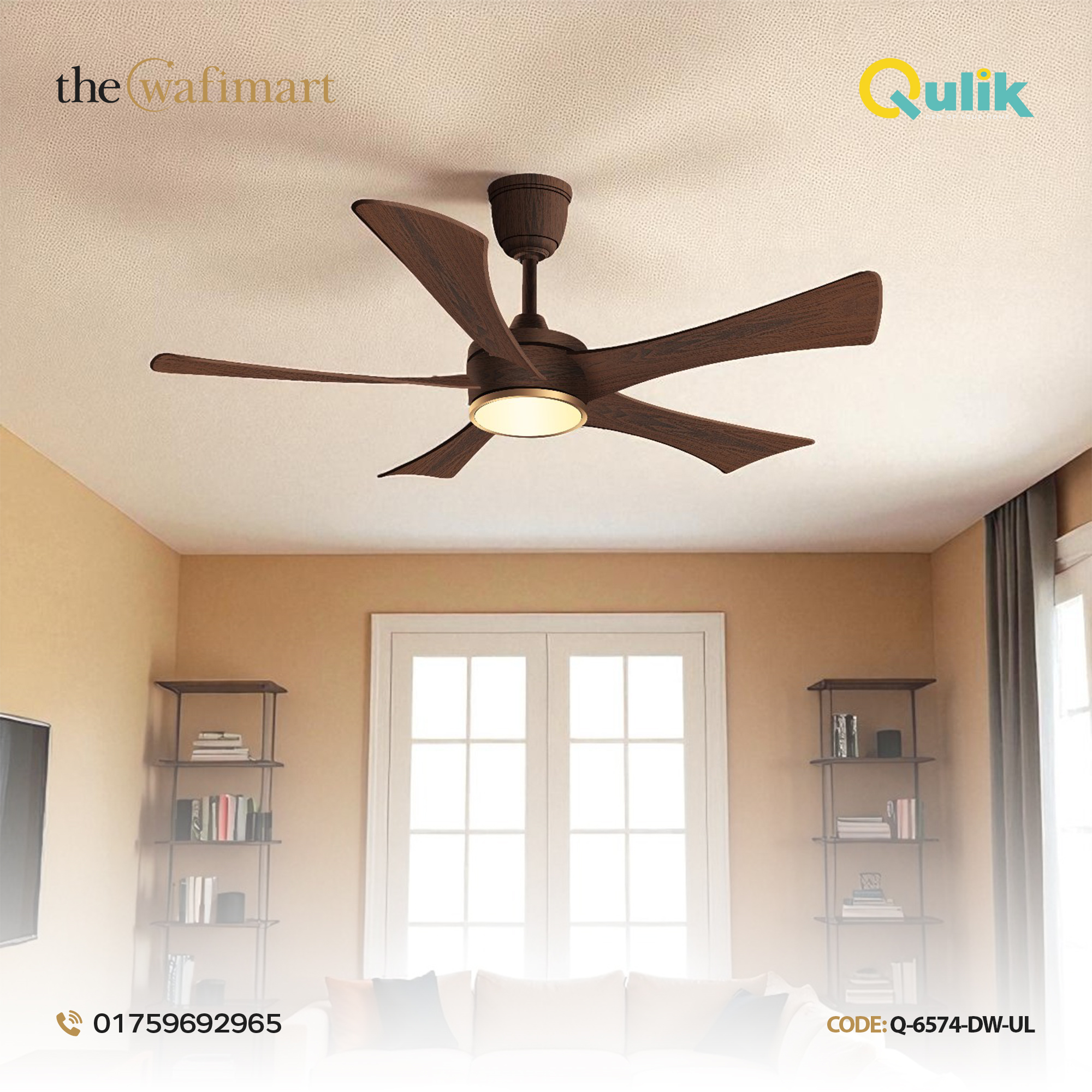 Qulik Falcon 53" Decorative Energy Saving BLDC Remote Control Ceiling Fan (Dark Wood) |Q-6574-DW-UL