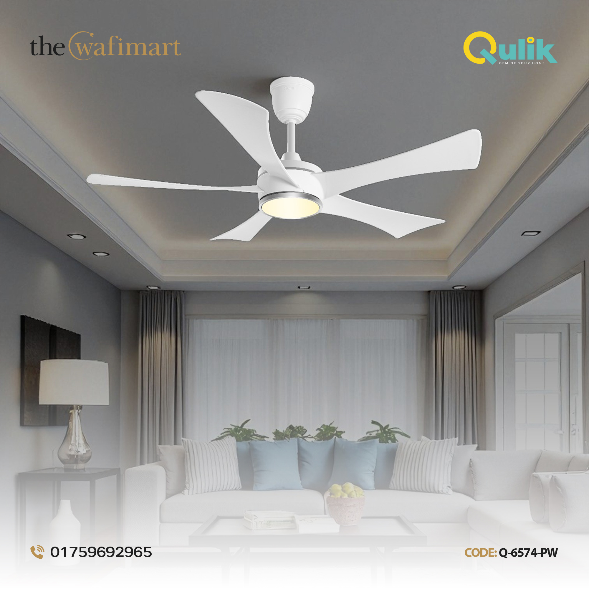 Qulik Falcon 53" Decorative Energy Saving BLDC Remote Control Ceiling Fan (Pearl White) |Q-6574-PW-UL_img_1