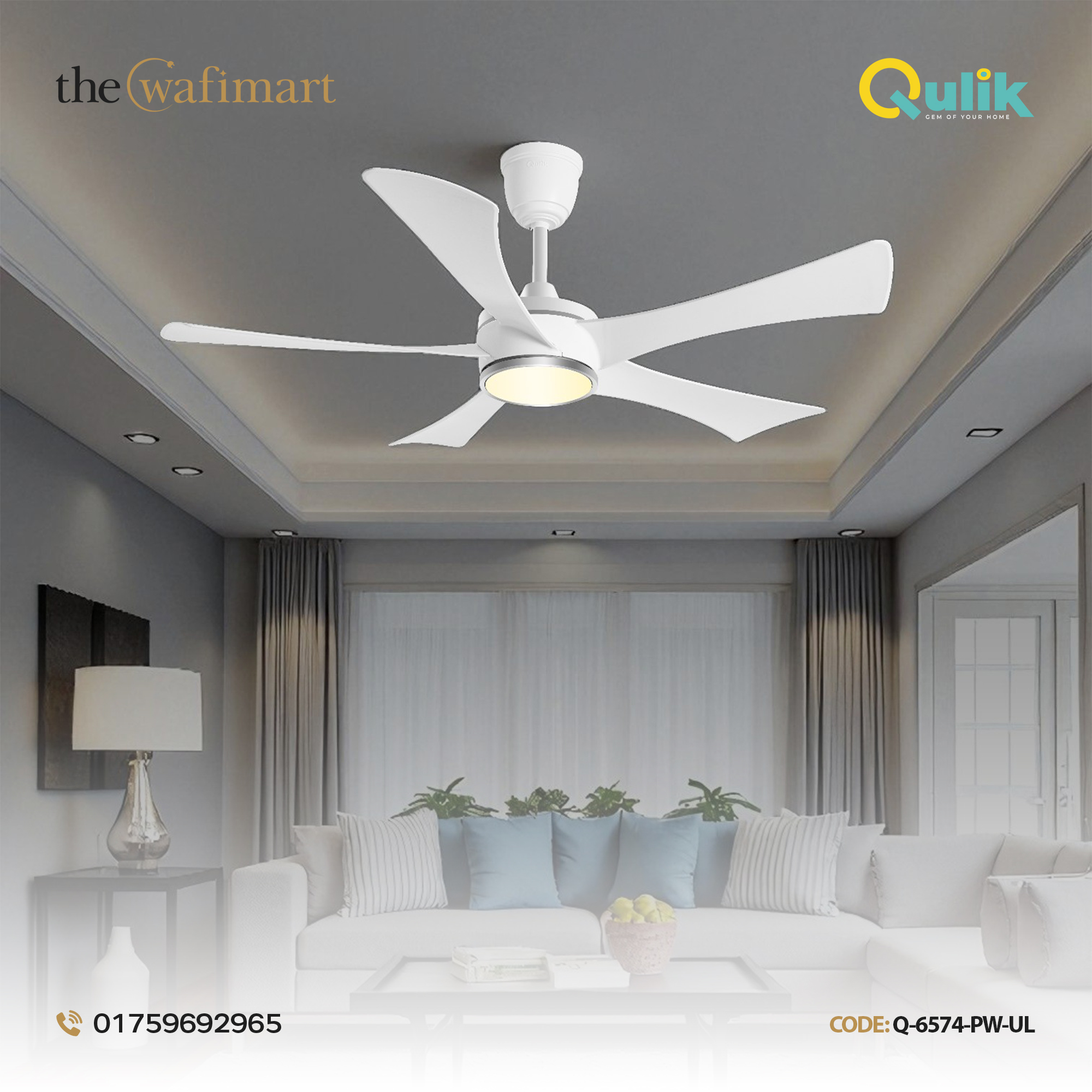 Qulik Falcon 53" Decorative Energy Saving BLDC Remote Control Ceiling Fan (Pearl White) |Q-6574-PW-UL