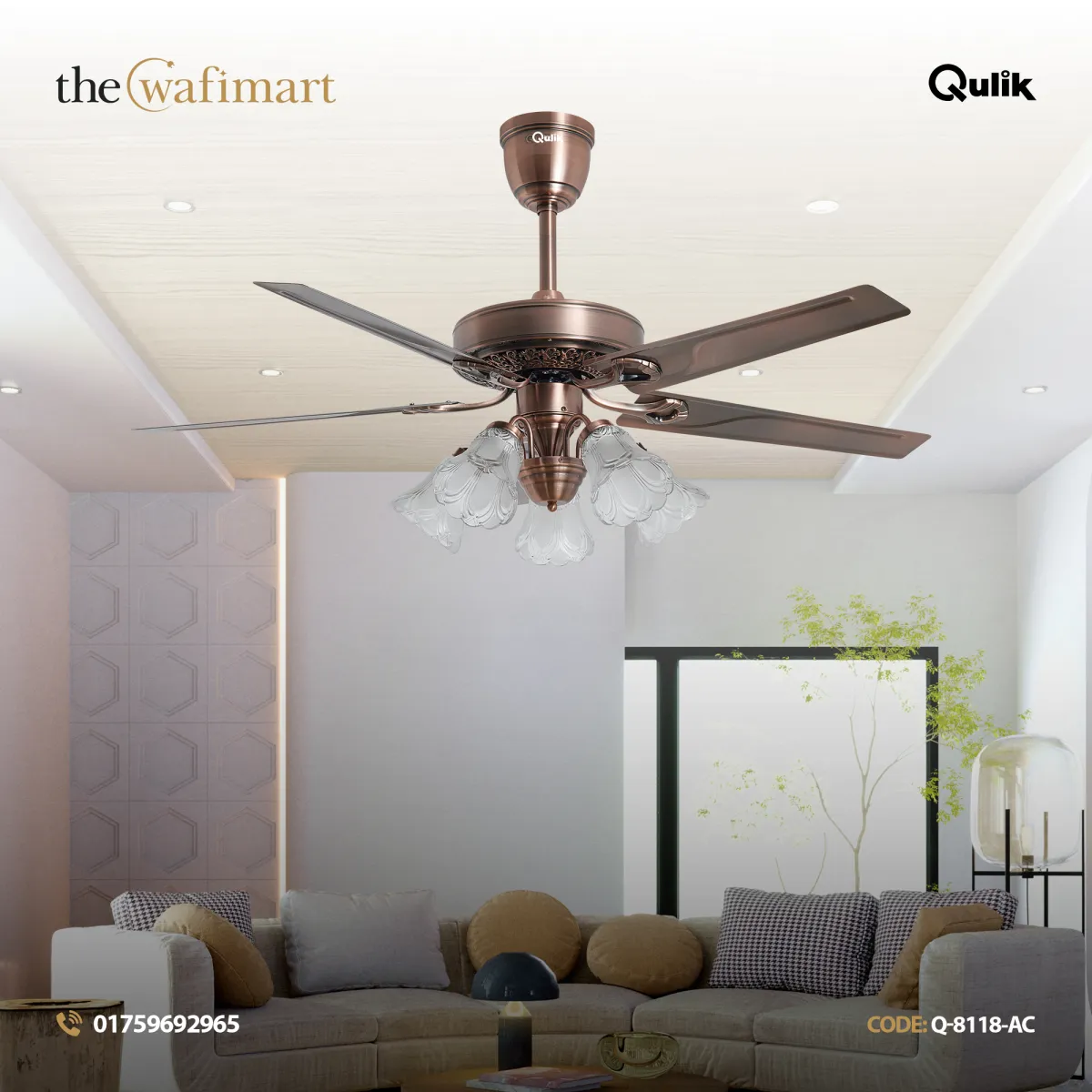 Qulik Luxoria UL 52" -Glass Flower Lampshade Copper Motor Remote Control Under-light Ceiling Fan Q-8118-AC
