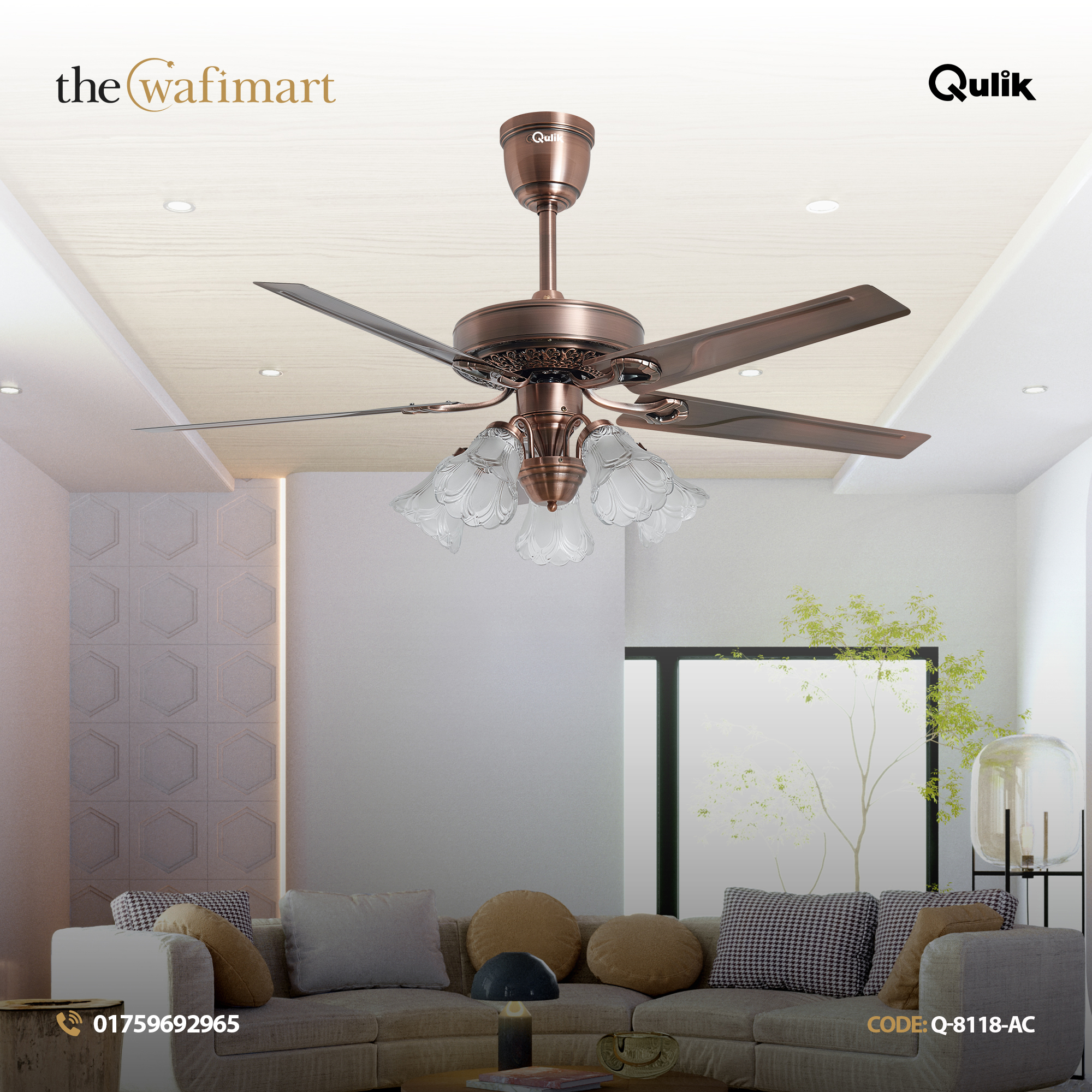 Qulik Luxoria UL 52" -Glass Flower Lampshade Copper Motor Remote Control Under-light Ceiling Fan Q-8118-AC