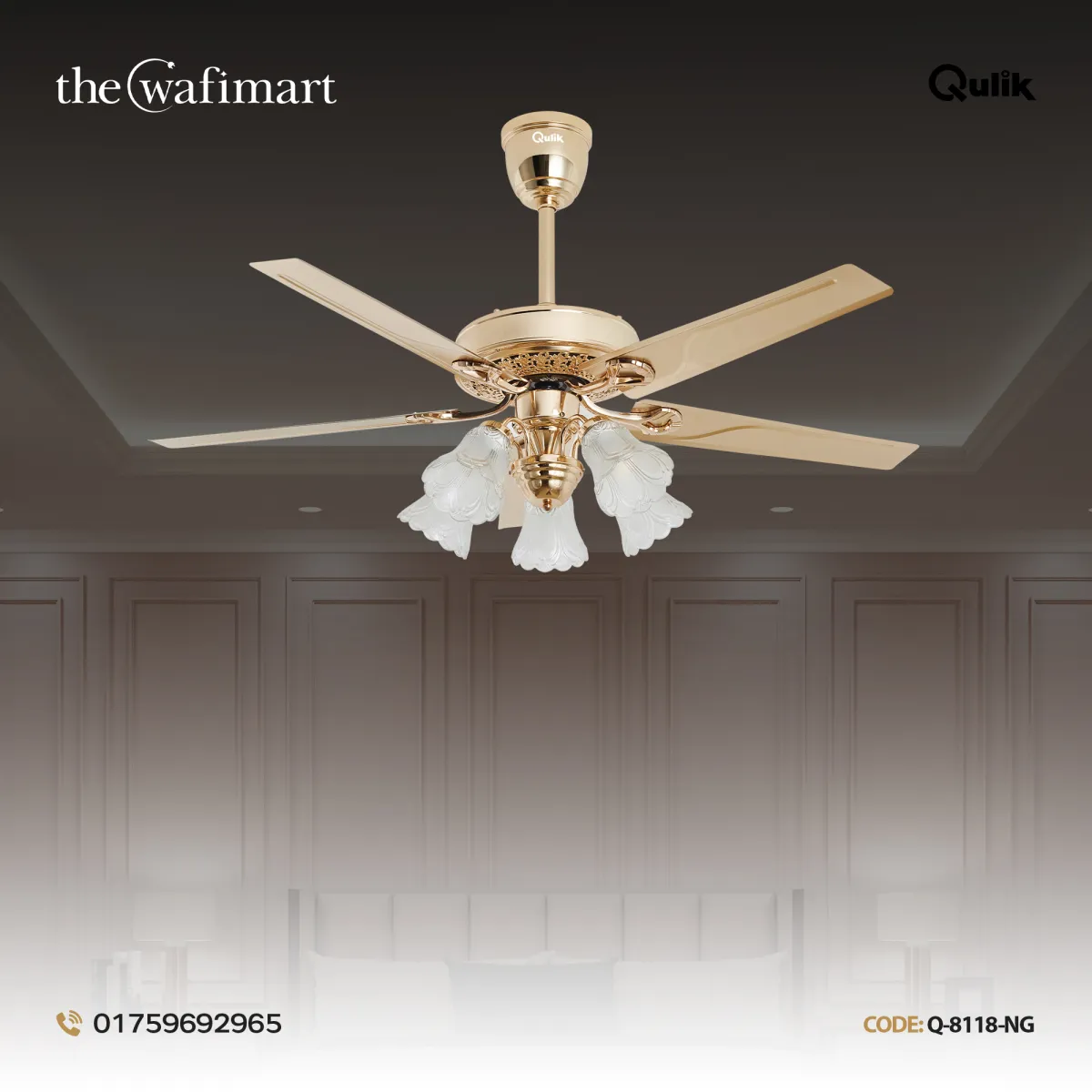 Qulik Luxoria UL 52" -Glass Flower Lampshade Copper Motor Remote Control Under-light Ceiling Fan Q-8118-NG